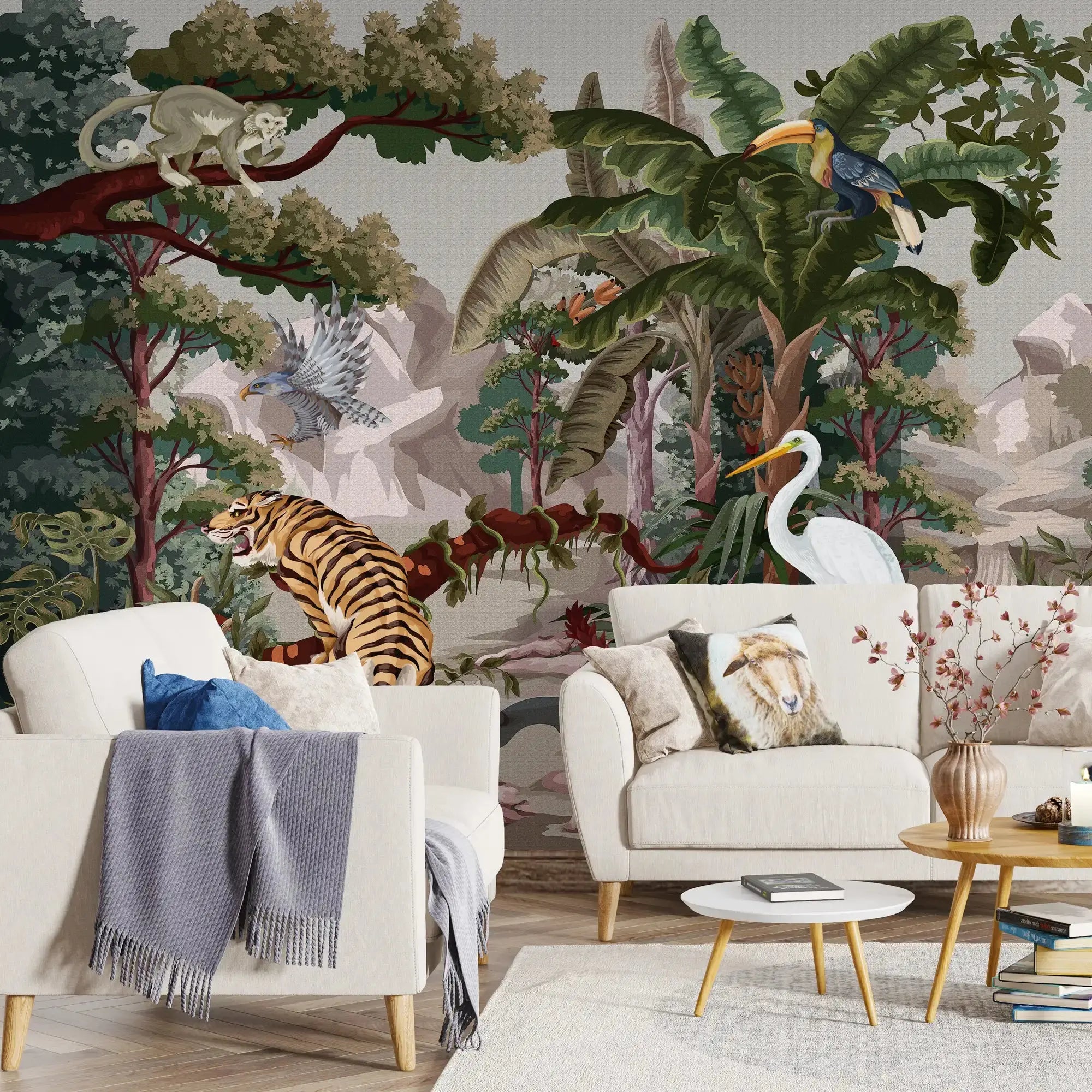 3129-E / Botanical Jungle Scene Wallpaper, Jungle Adventure: Peel and Stick Wallpaper, Exotic Jungle Animals Wall Decor - Temporary Wallpaper for Renters, Easy Peel Off - Artevella