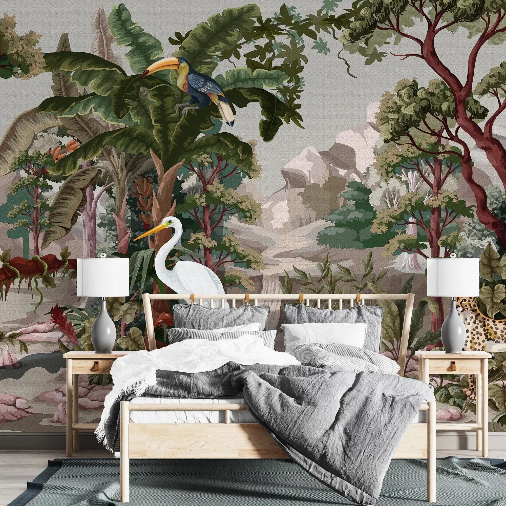 3129-E / Botanical Jungle Scene Wallpaper, Jungle Adventure: Peel and Stick Wallpaper, Exotic Jungle Animals Wall Decor - Temporary Wallpaper for Renters, Easy Peel Off - Artevella