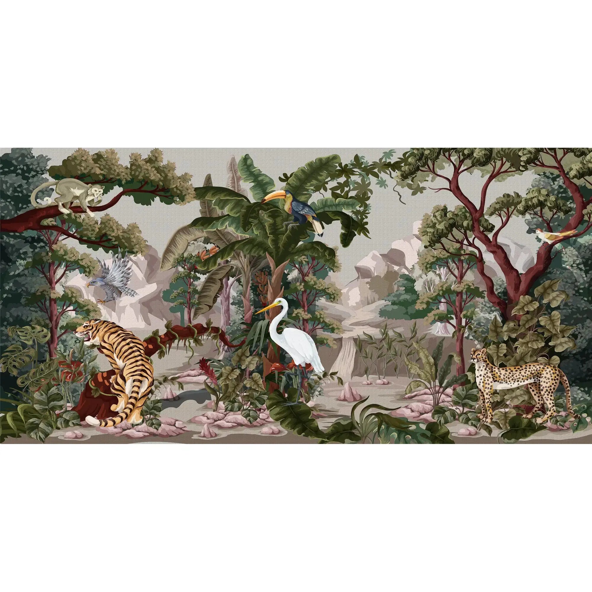 3129-E / Botanical Jungle Scene Wallpaper, Jungle Adventure: Peel and Stick Wallpaper, Exotic Jungle Animals Wall Decor - Temporary Wallpaper for Renters, Easy Peel Off - Artevella