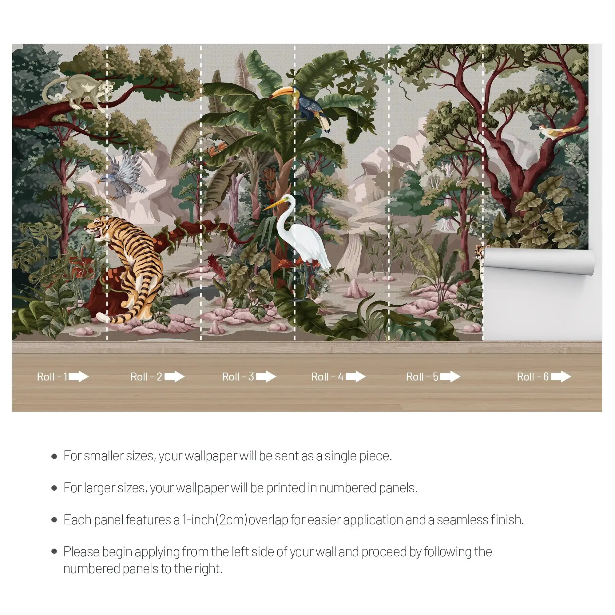 3129-E / Botanical Jungle Scene Wallpaper, Jungle Adventure: Peel and Stick Wallpaper, Exotic Jungle Animals Wall Decor - Temporary Wallpaper for Renters, Easy Peel Off - Artevella