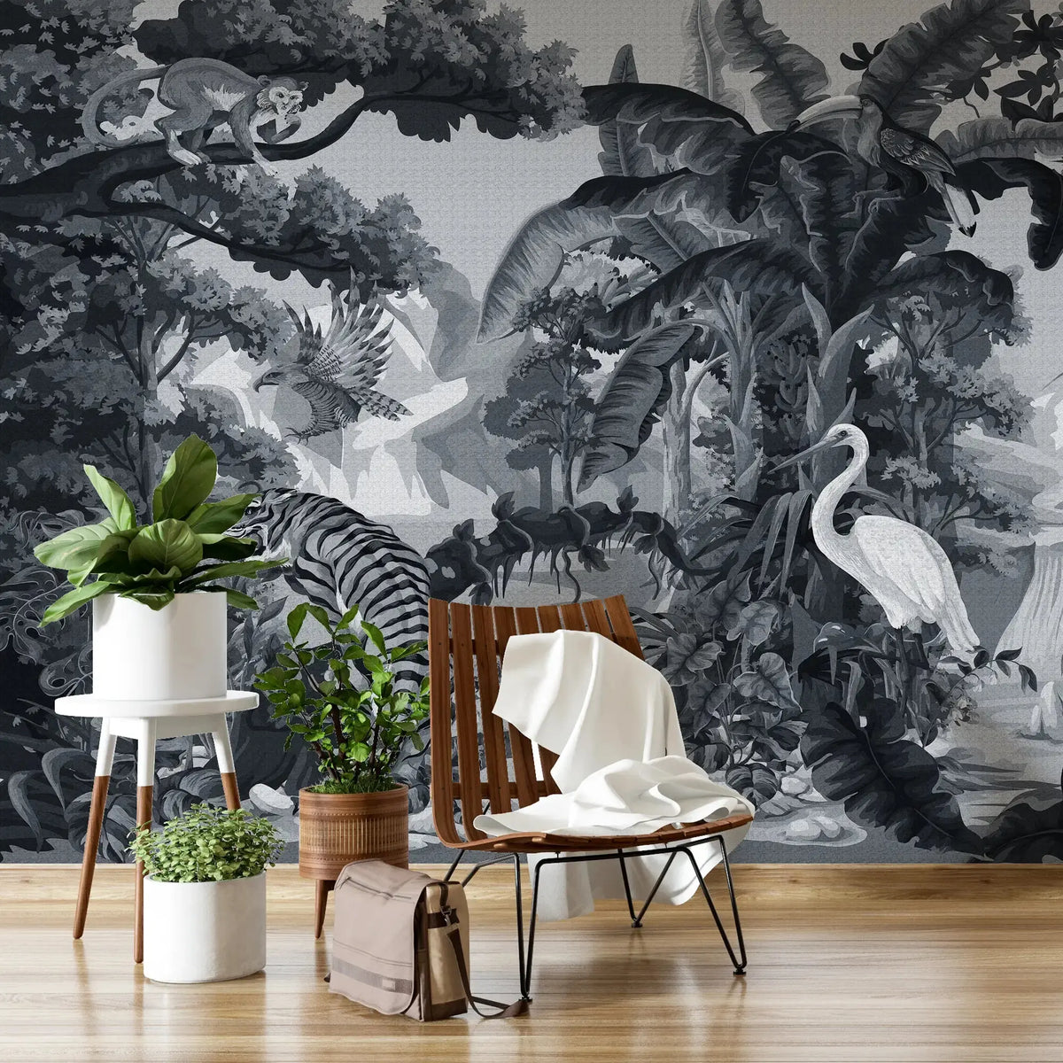 3129-F / Botanical Jungle Scene Wallpaper, Jungle Adventure: Peel and Stick Wallpaper, Exotic Jungle Animals Wall Decor - Temporary Wallpaper for Renters, Easy Peel Off - Artevella