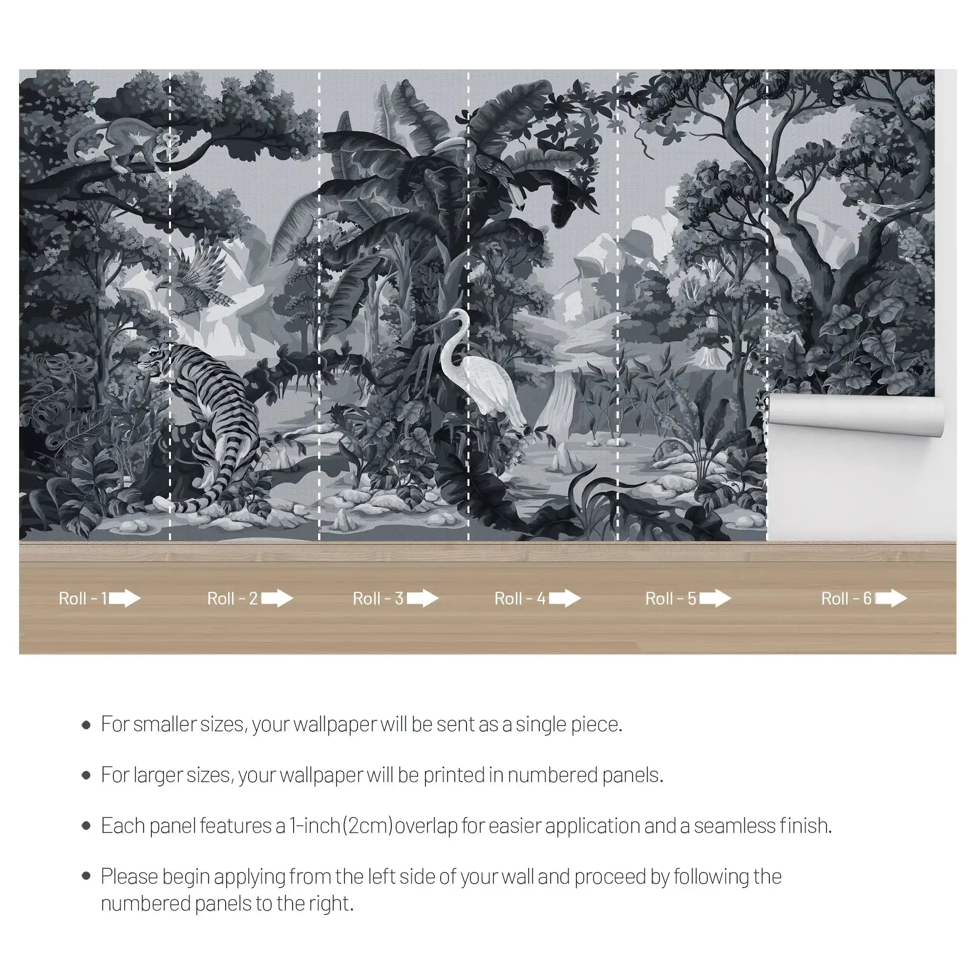 3129-F / Botanical Jungle Scene Wallpaper, Jungle Adventure: Peel and Stick Wallpaper, Exotic Jungle Animals Wall Decor - Temporary Wallpaper for Renters, Easy Peel Off - Artevella