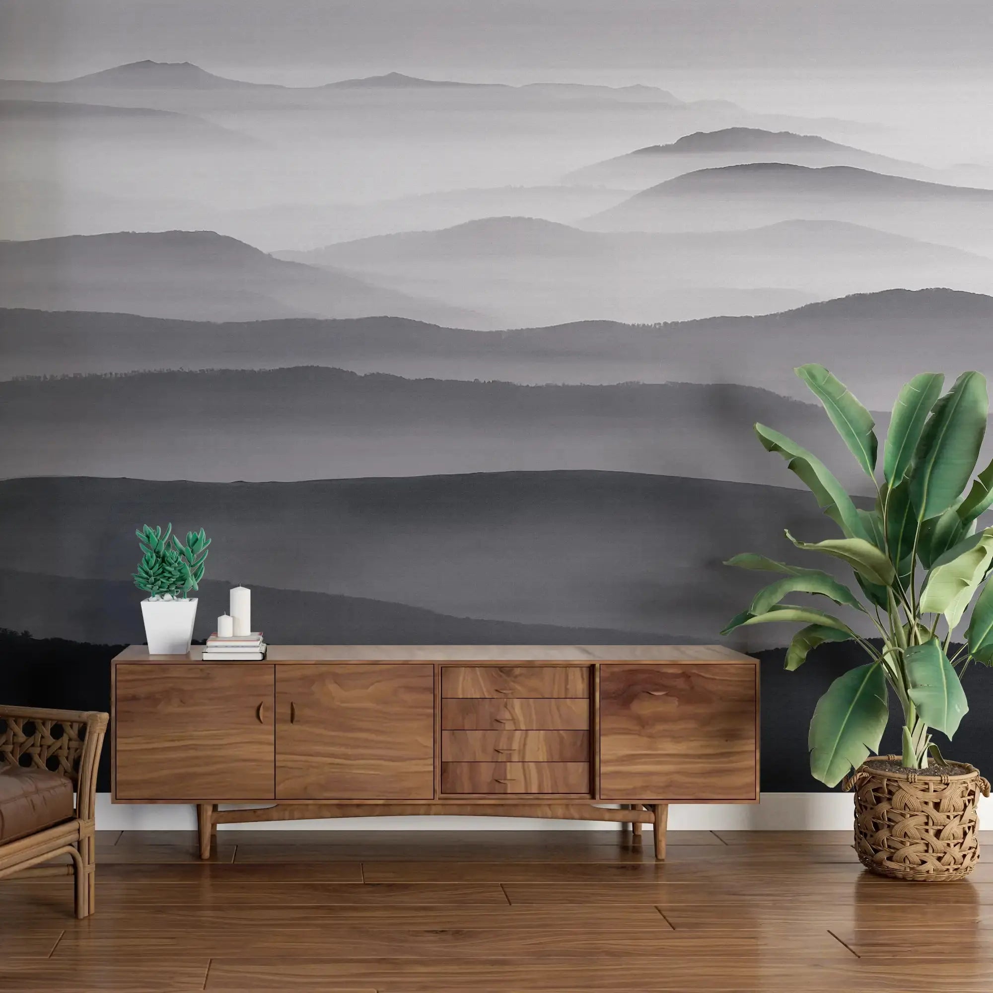 3131-F / Captivating Foggy Mountain Range Wallpaper, Mountain Landscape Peel and Stick Wallpaper - Artevella