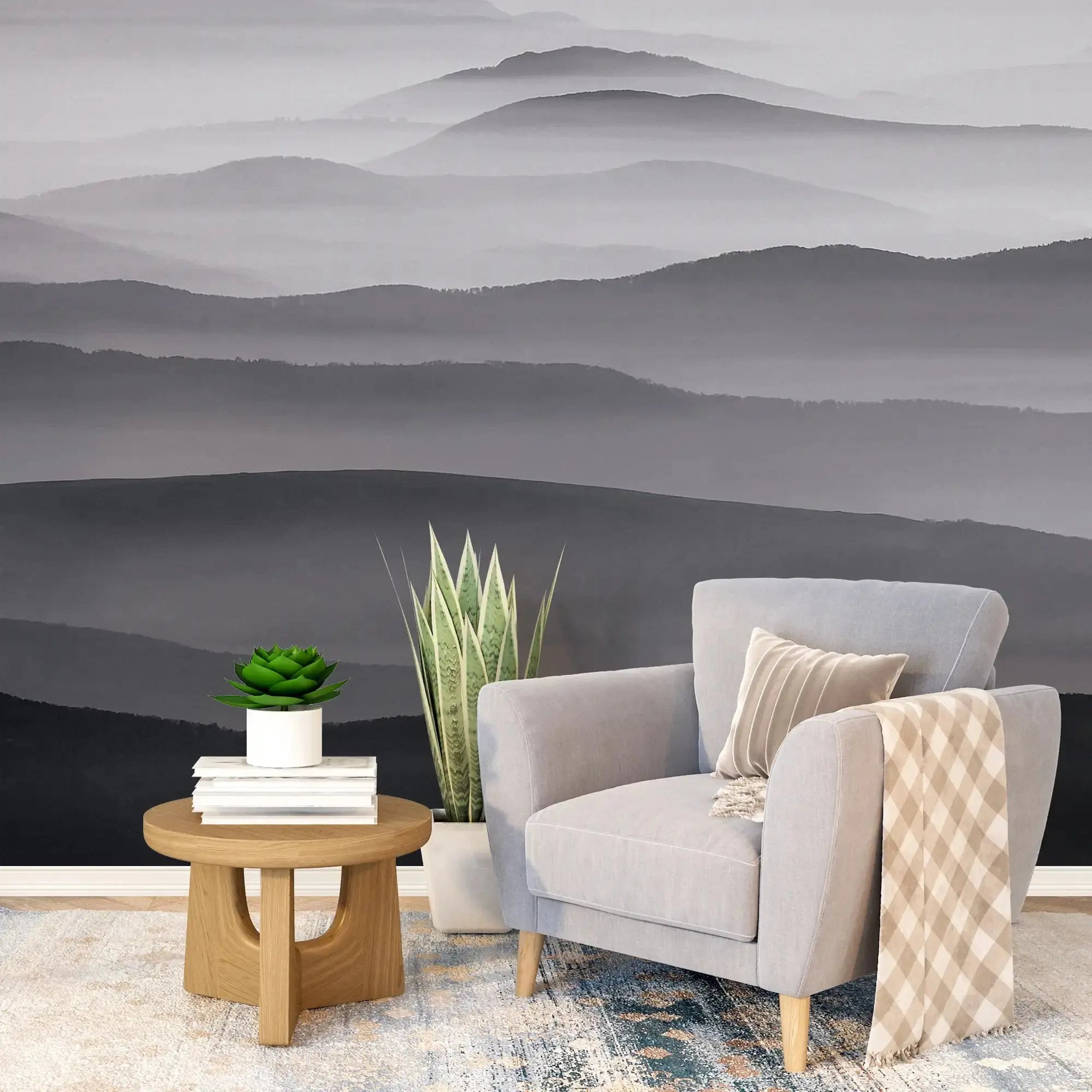 3131-F / Captivating Foggy Mountain Range Wallpaper, Mountain Landscape Peel and Stick Wallpaper - Artevella