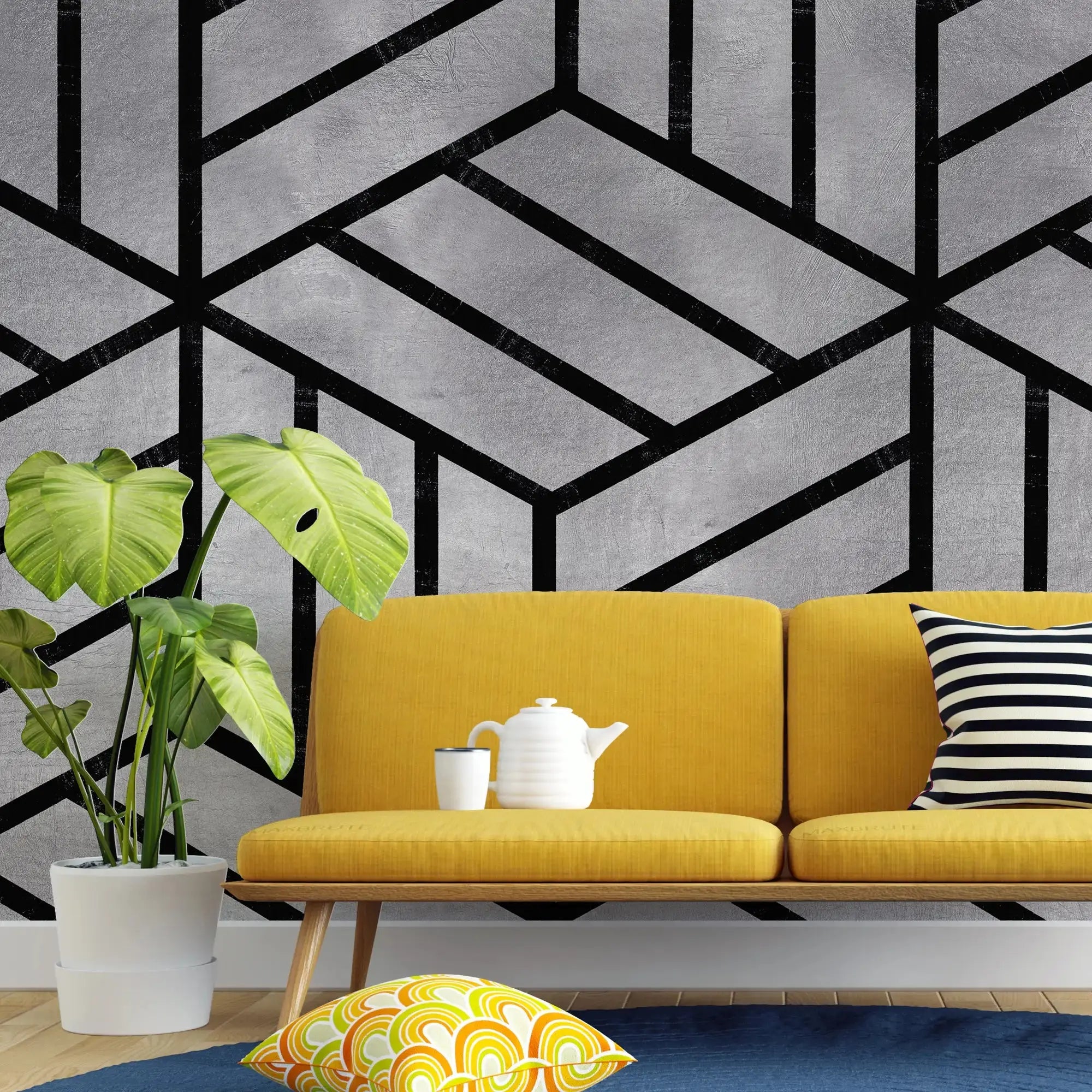 3133-F / Peel and Stick Geometric Wallpaper, Geometric Tile Design, Contemporary Geometric Line Wallpaper - Artevella