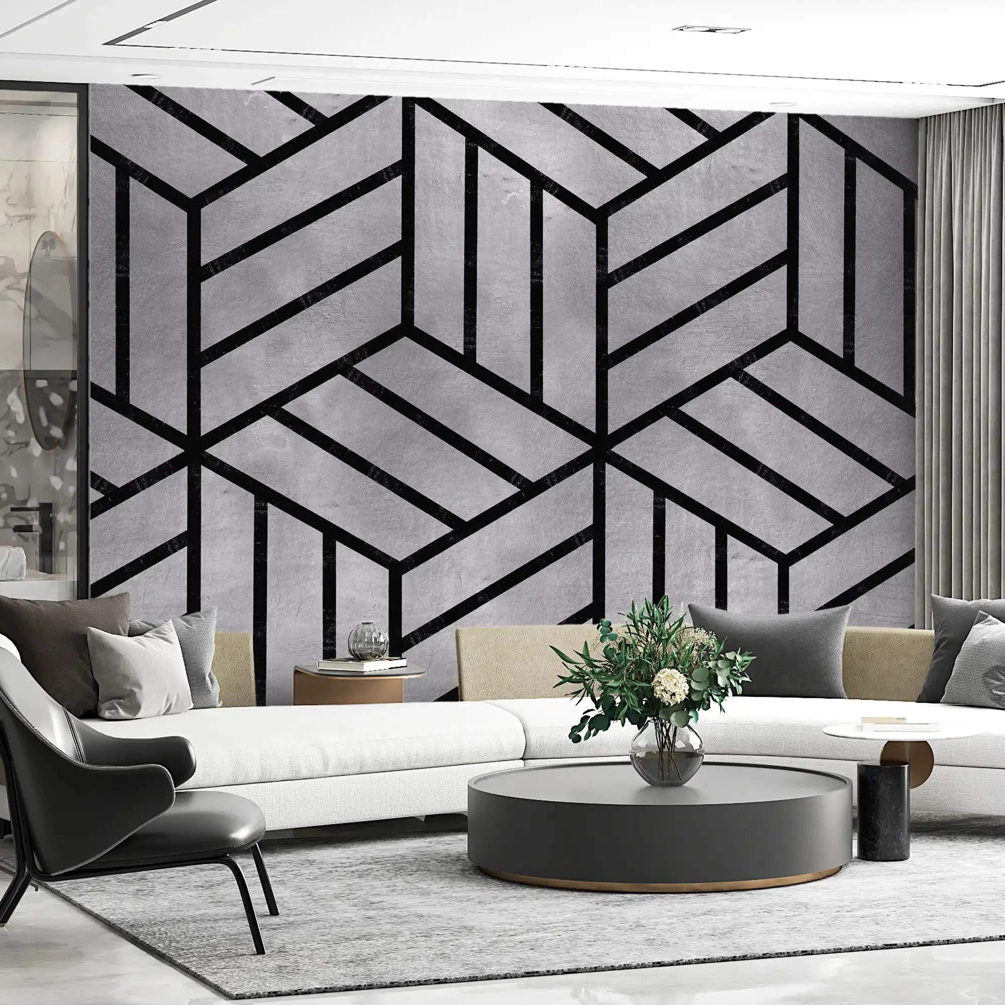 3133-F / Peel and Stick Geometric Wallpaper, Geometric Tile Design, Contemporary Geometric Line Wallpaper - Artevella