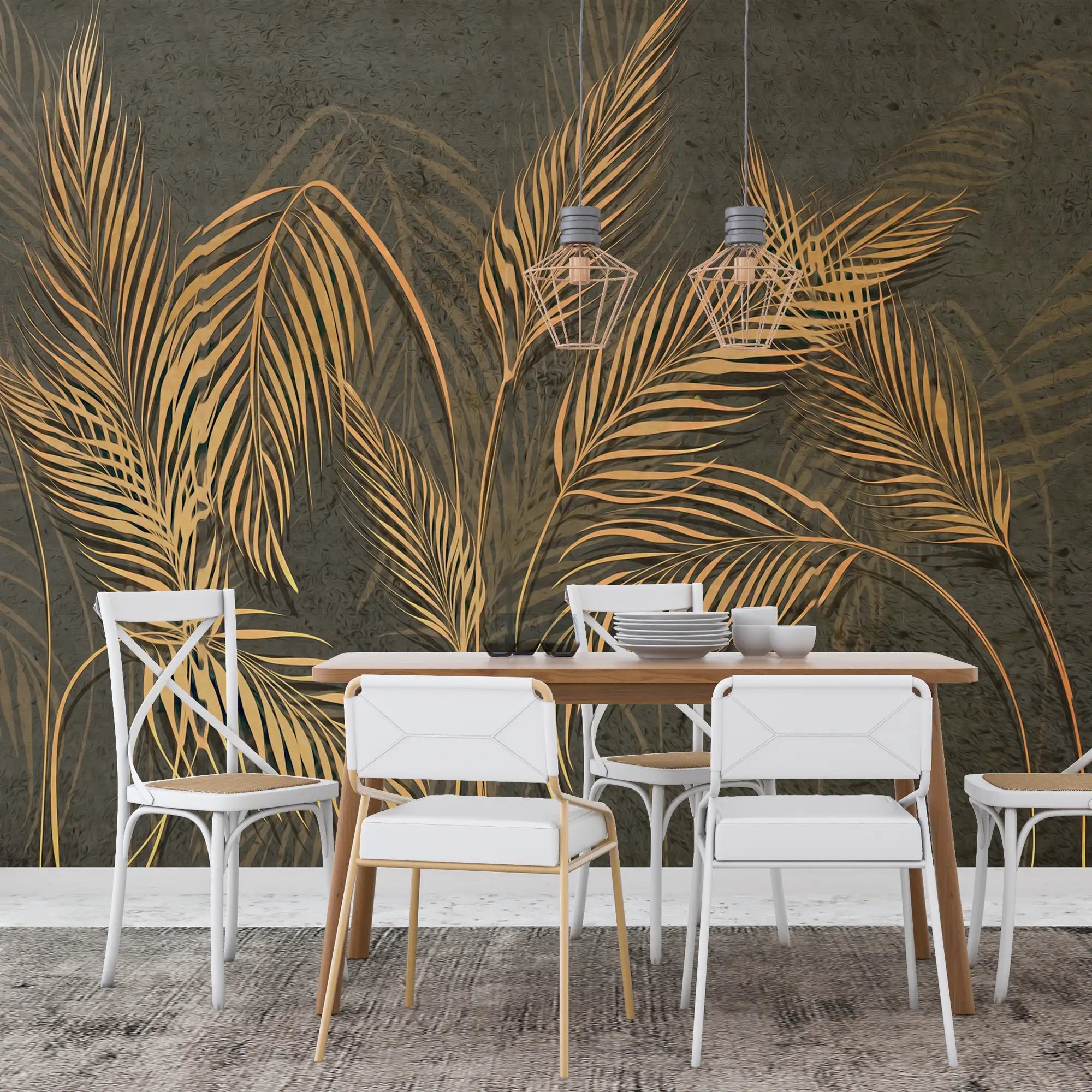 3147 / Exclusive Gold Palm & Geometric Wallpaper: Peel & Stick, Modern Room Decor, Easy DIY, Tropical Style - Artevella