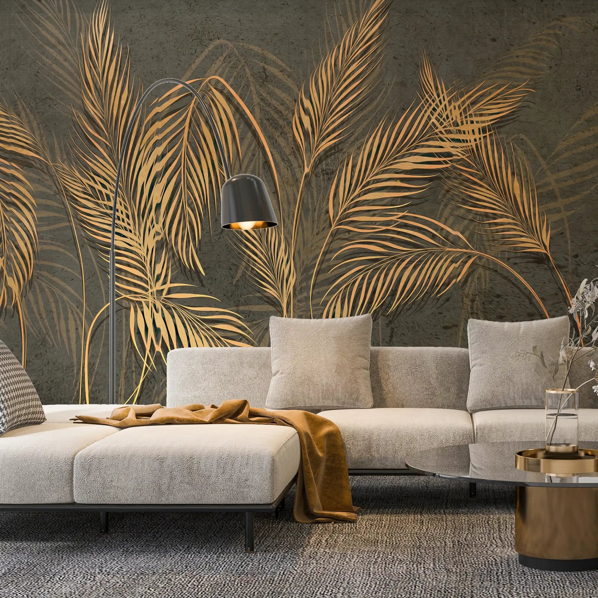 3147 / Exclusive Gold Palm & Geometric Wallpaper: Peel & Stick, Modern Room Decor, Easy DIY, Tropical Style - Artevella