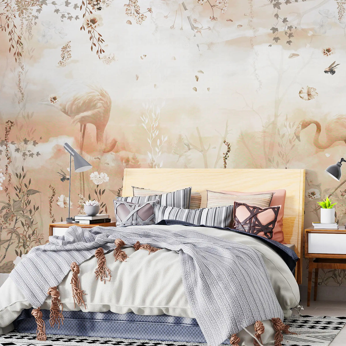 3148 / Dreamlike Flower & Flamingo Wallpaper - Peelable, Light Pink & Amber, Wall Decor for Bedroom - Artevella