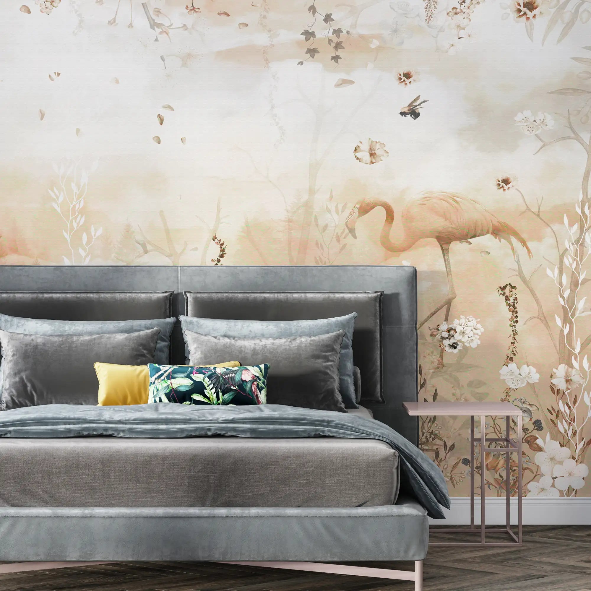 3148 / Dreamlike Flower & Flamingo Wallpaper - Peelable, Light Pink & Amber, Wall Decor for Bedroom - Artevella