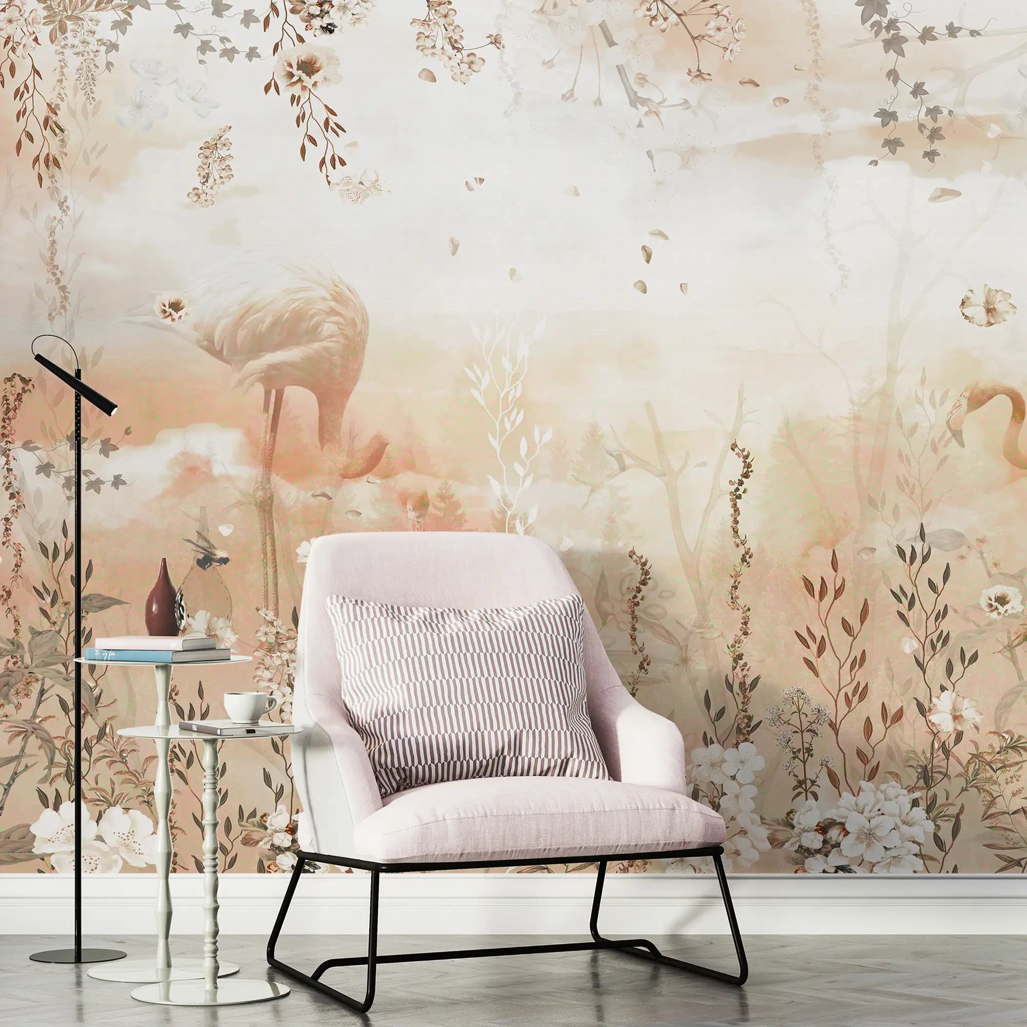 3148 / Dreamlike Flower & Flamingo Wallpaper - Peelable, Light Pink & Amber, Wall Decor for Bedroom - Artevella