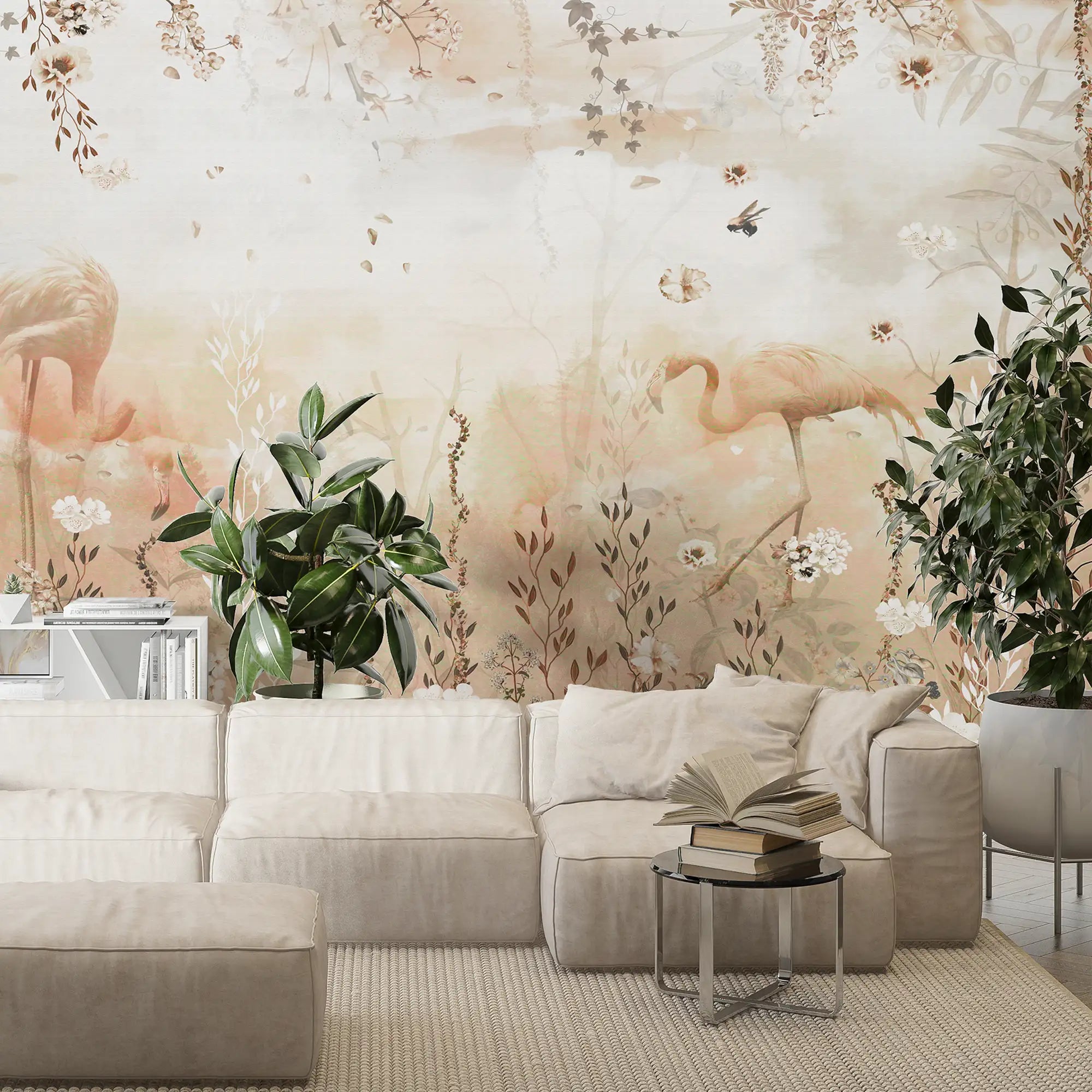 3148 / Dreamlike Flower & Flamingo Wallpaper - Peelable, Light Pink & Amber, Wall Decor for Bedroom - Artevella