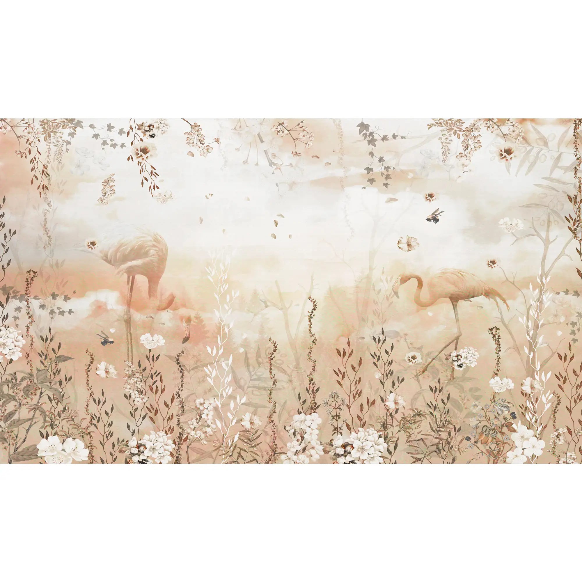 3148 / Dreamlike Flower & Flamingo Wallpaper - Peelable, Light Pink & Amber, Wall Decor for Bedroom - Artevella