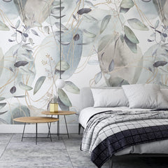 3149 / Watercolor Wallpaper Peel and Stick, Leaf Pattern Nature Inspired, Gray and Gold, Boho Decor, Surreal Wall Mural, Temporary Wallpaper - Artevella