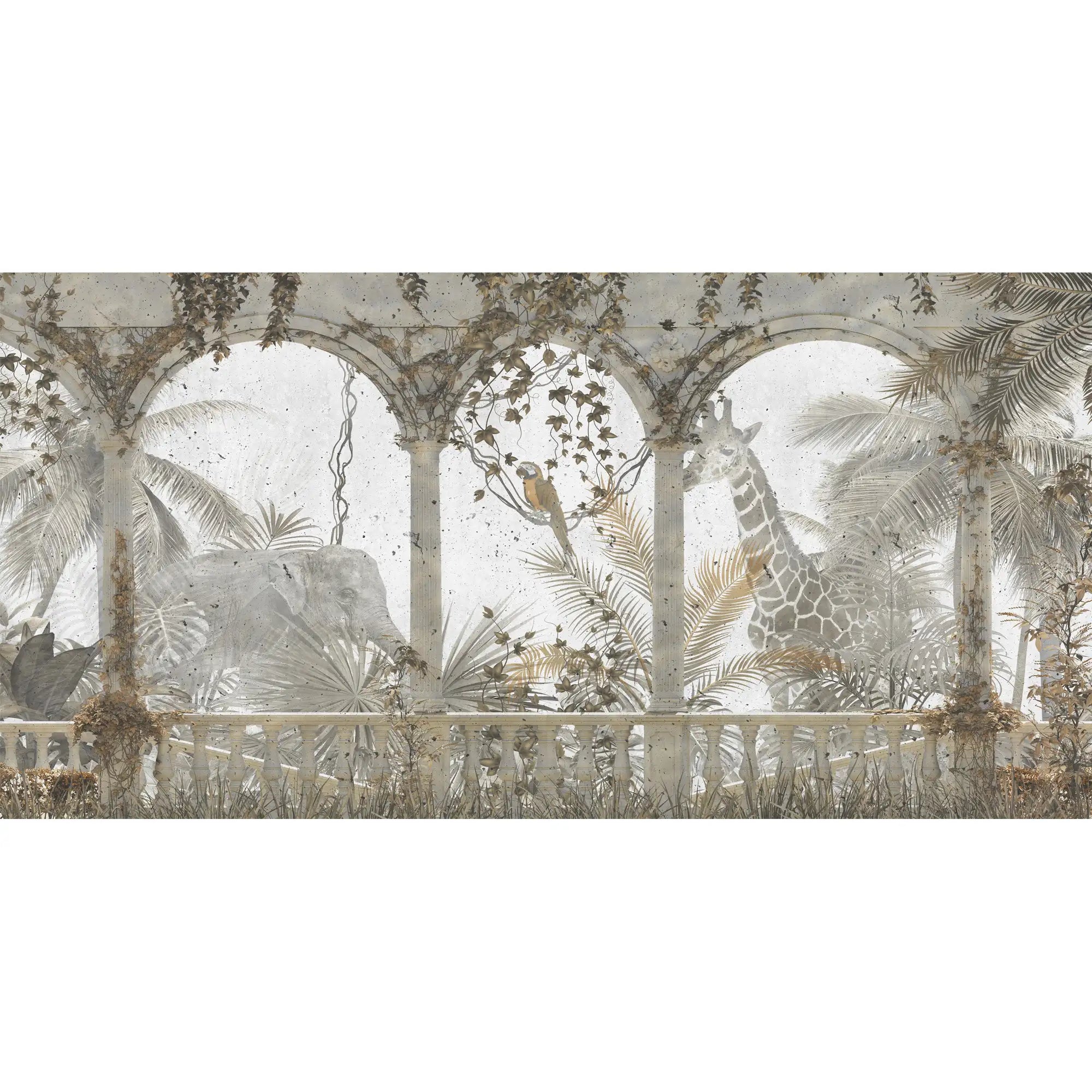 3151 / Vintage Forest Wallpaper: Balcony View of Garden with Giraffes, Peel and Stick Geometric Wallpaper - Artevella