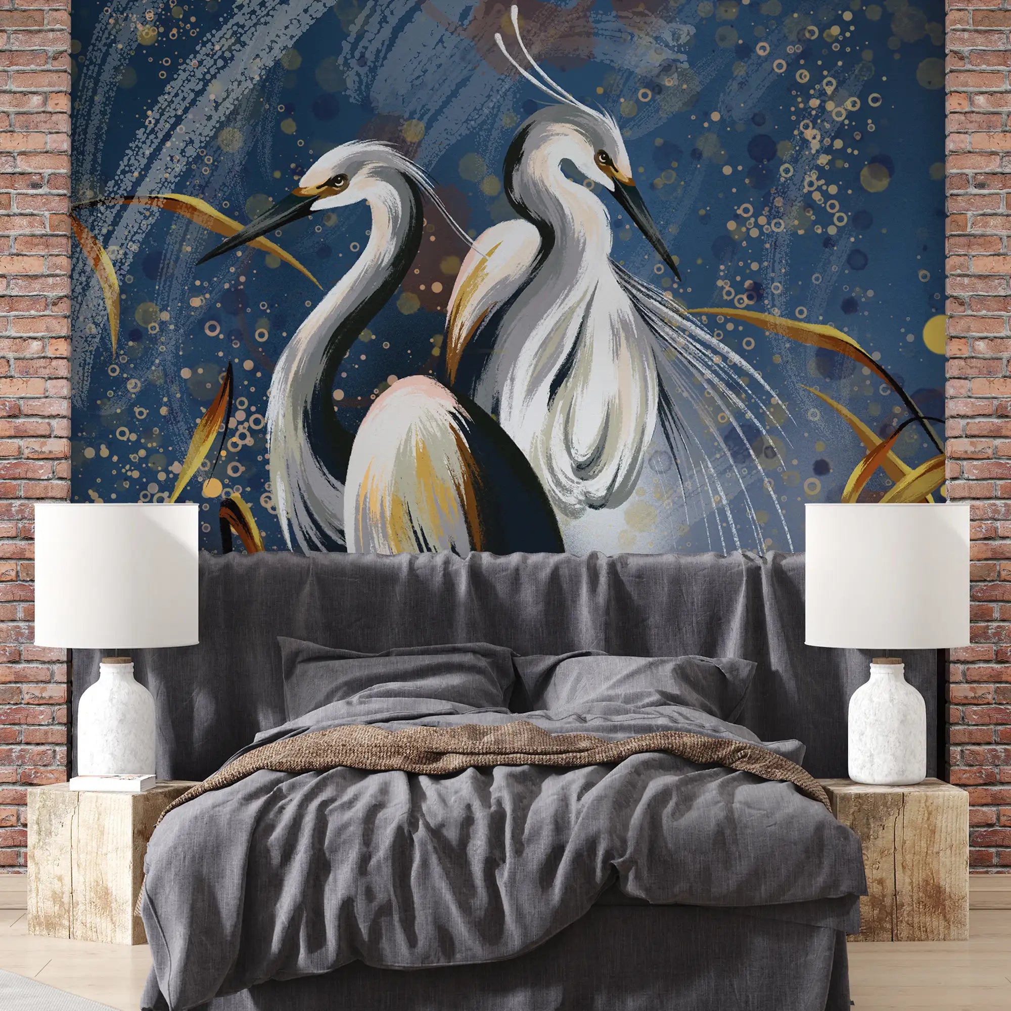 3154 / White Egrets in Water Abstract Painting, Removable Wallpaper for Kitchen, Boho Wallpaper Stick and Peel, Tranquil Scenery Art - Artevella