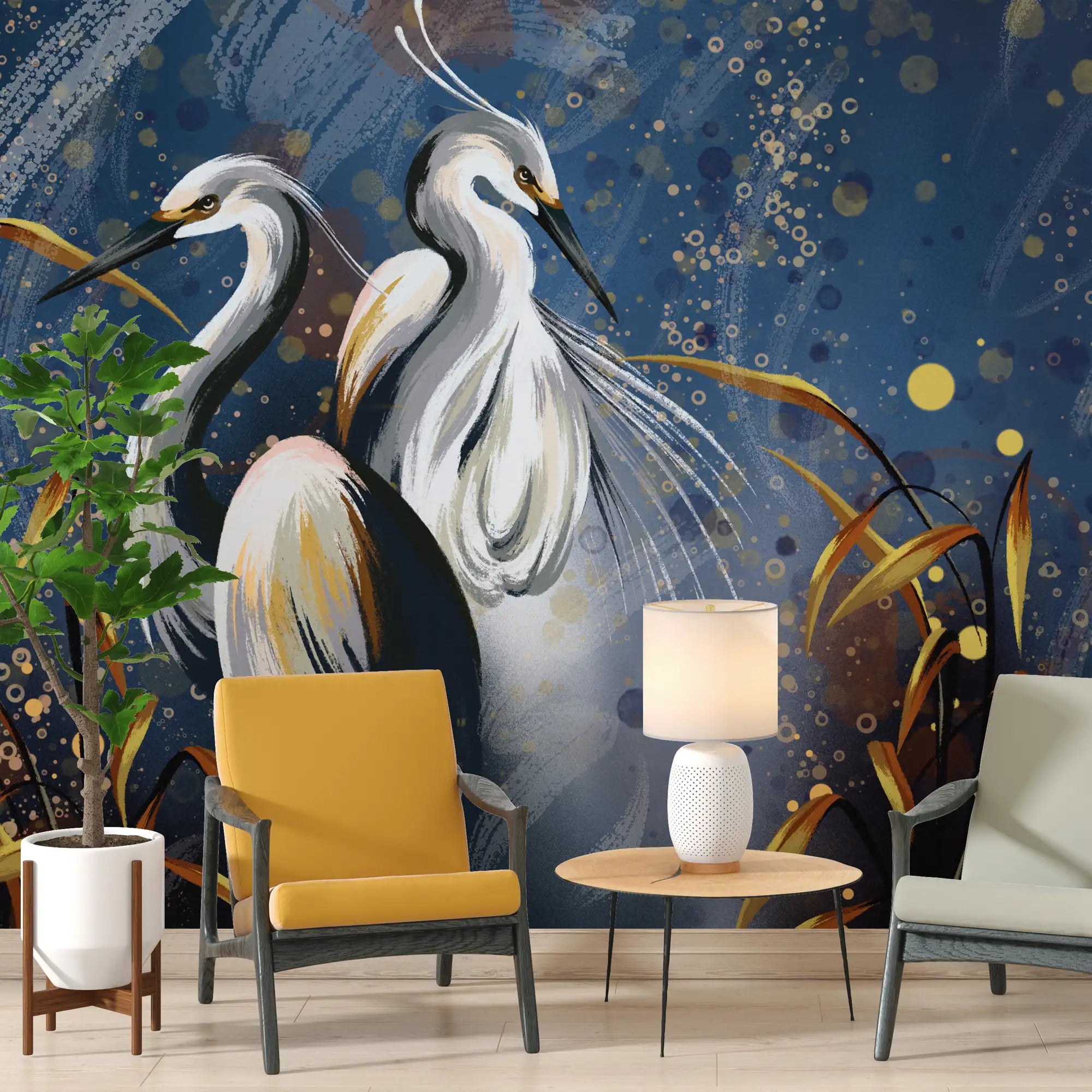 3154 / White Egrets in Water Abstract Painting, Removable Wallpaper for Kitchen, Boho Wallpaper Stick and Peel, Tranquil Scenery Art - Artevella