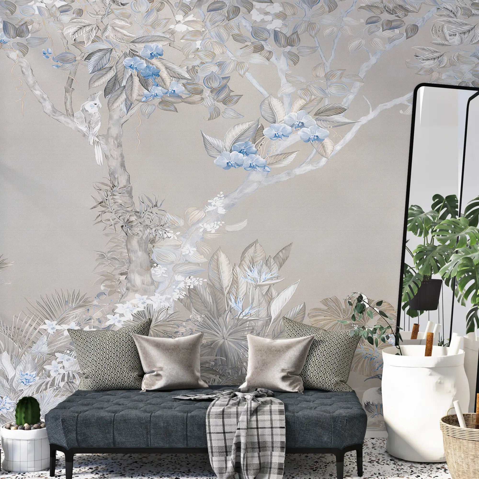 3155 / Floral Wallpaper with Blue Flowers: Easy Peel and Stick Design for a Botanical Accent Wall in Any Room - Artevella