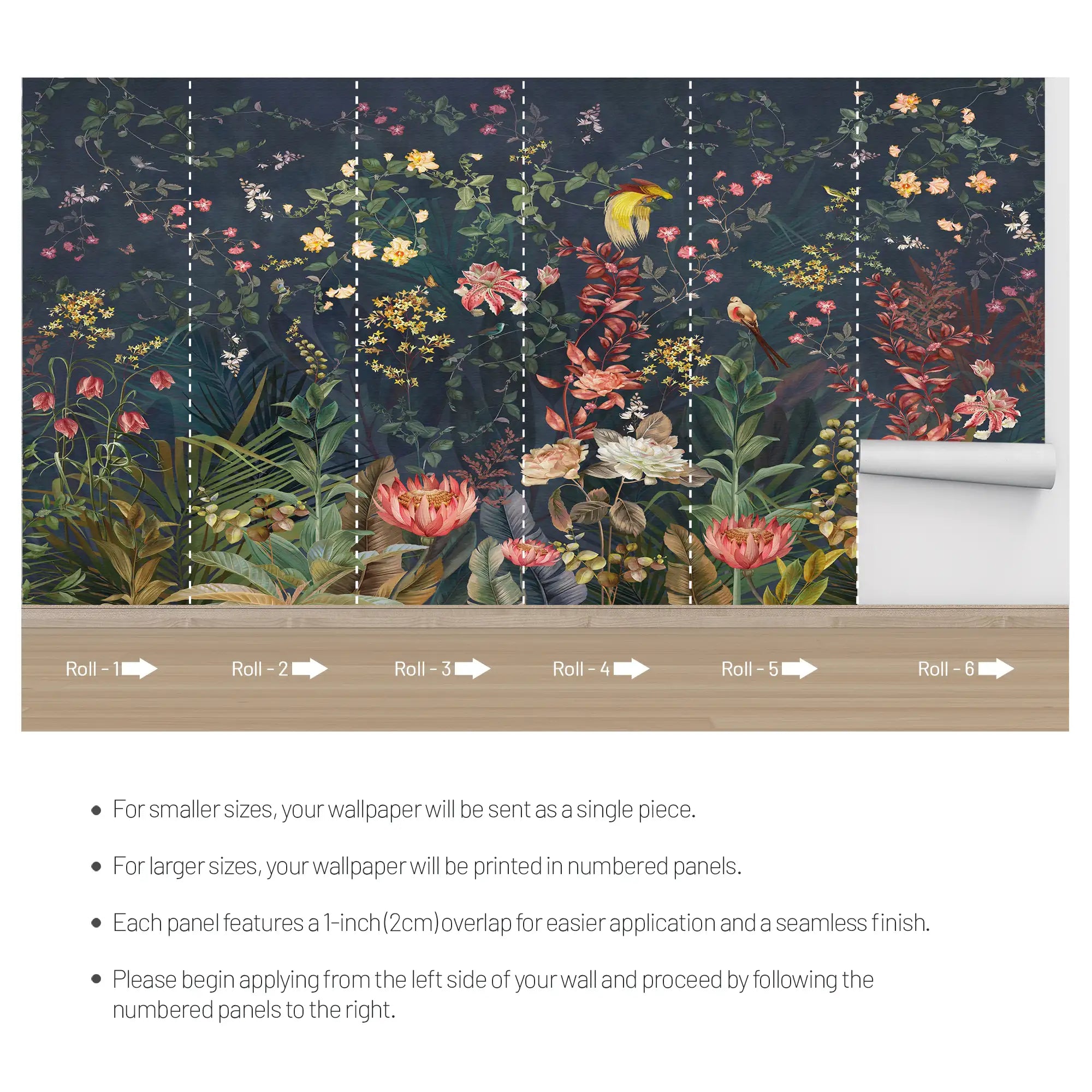 3156 / Floral Garden Wallpaper with Colorful Gardens - Tropical Wallpaper Design in Modern Style, Peel and Stick Easy Install" - Artevella