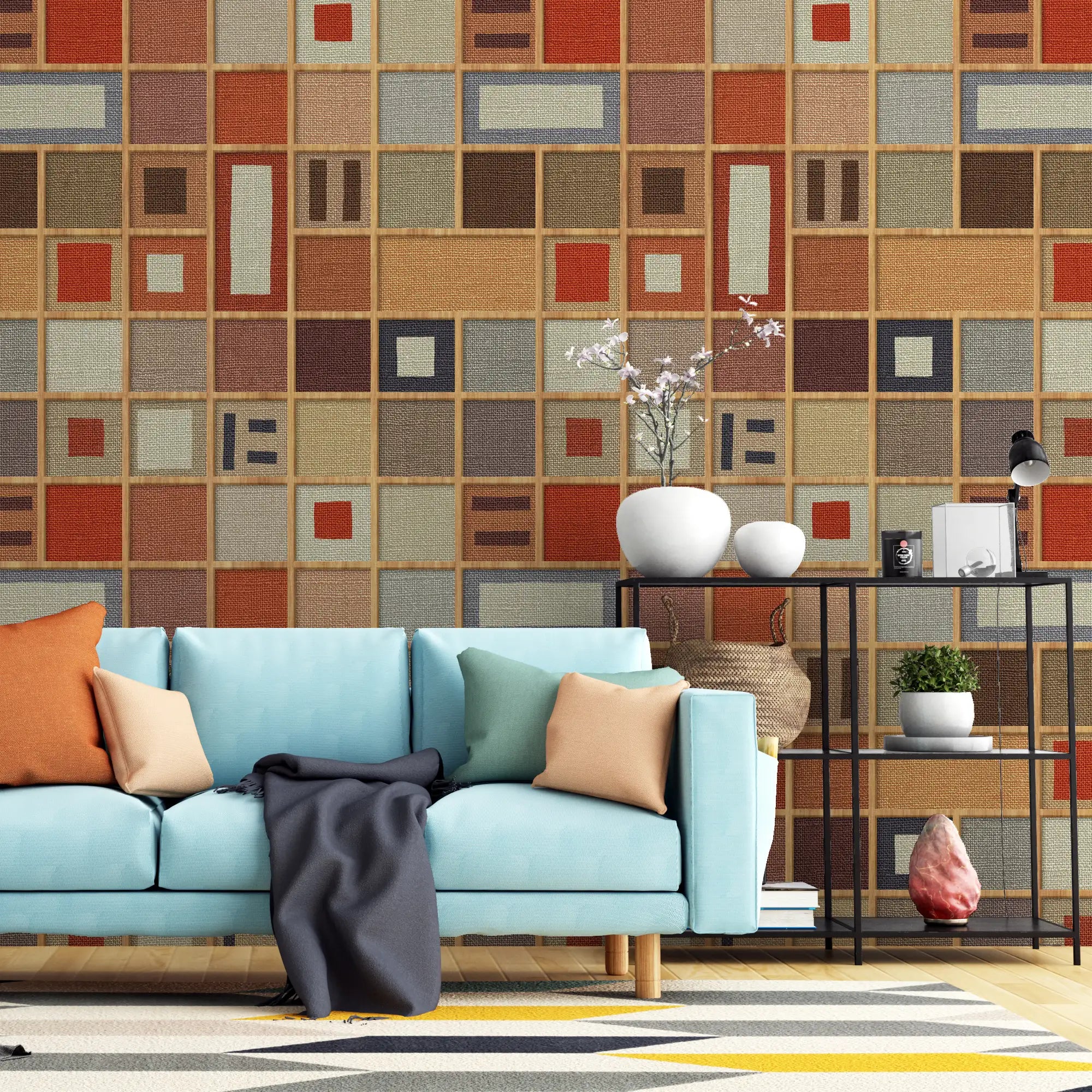 3157 / Modern Retro Geometric Wallpaper: Earthy Palette Squares & Cubes, Peel and Stick, Bathroom Wallpaper, Adhesive Wall Paper - Artevella