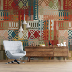 3158 / African-Inspired Kilim Peelable Stickable Wallpaper - Vibrant Teal & Red Squares, Geometric Pattern, Perfect for Bedroom or Bathroom - Artevella