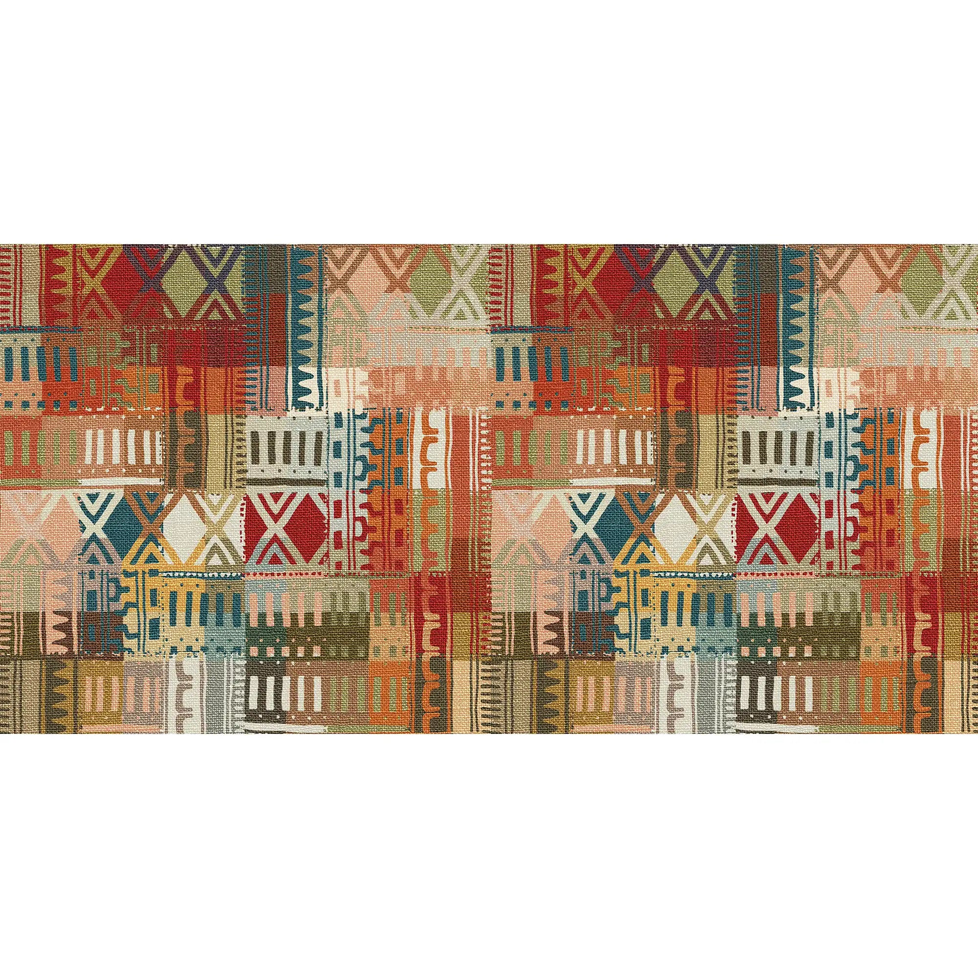 3158 / African-Inspired Kilim Peelable Stickable Wallpaper - Vibrant Teal & Red Squares, Geometric Pattern, Perfect for Bedroom or Bathroom - Artevella