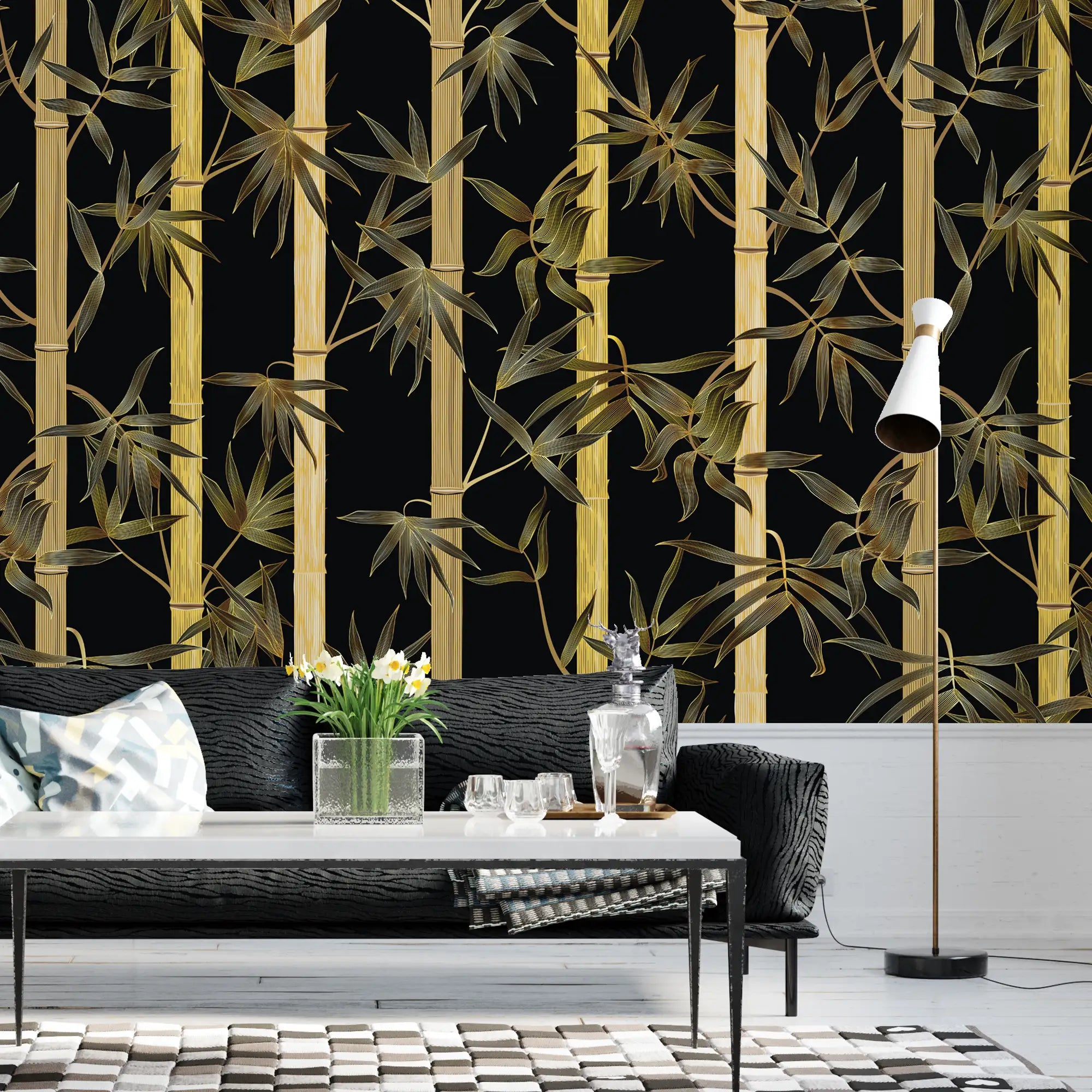 3159 / Bamboo Forest Peel and Stick Wallpaper, Black and Gold Tree Design, Floral Pattern, Geometric Accent for Modern Décor - Artevella