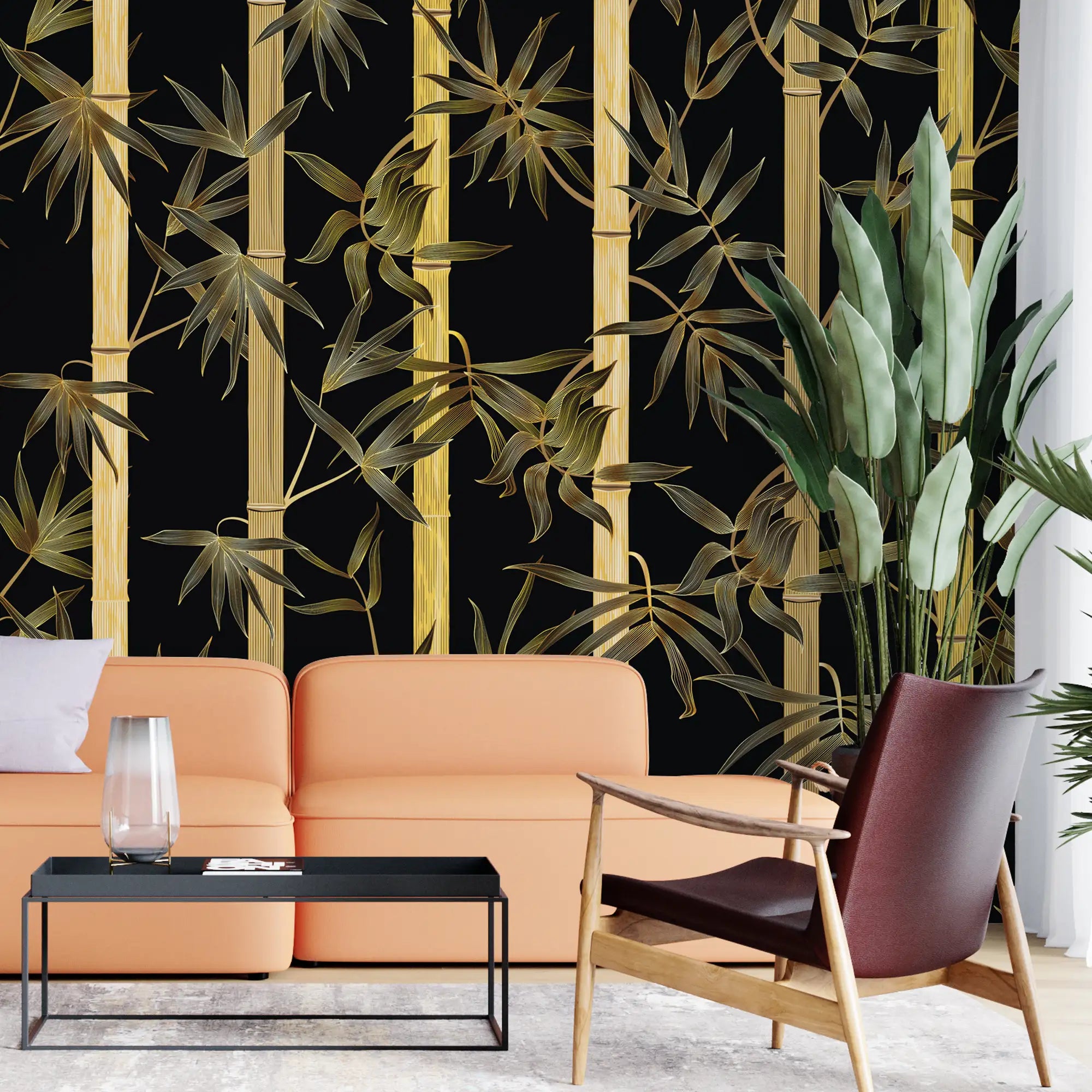 3159 / Bamboo Forest Peel and Stick Wallpaper, Black and Gold Tree Design, Floral Pattern, Geometric Accent for Modern Décor - Artevella