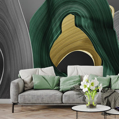 3161 / Bold Geometric Wallpaper with Dark Emerald, Silver and Gold - Abstract Layered Forms for Bedroom, Bathroom, Kitchen Wallpaper - Artevella