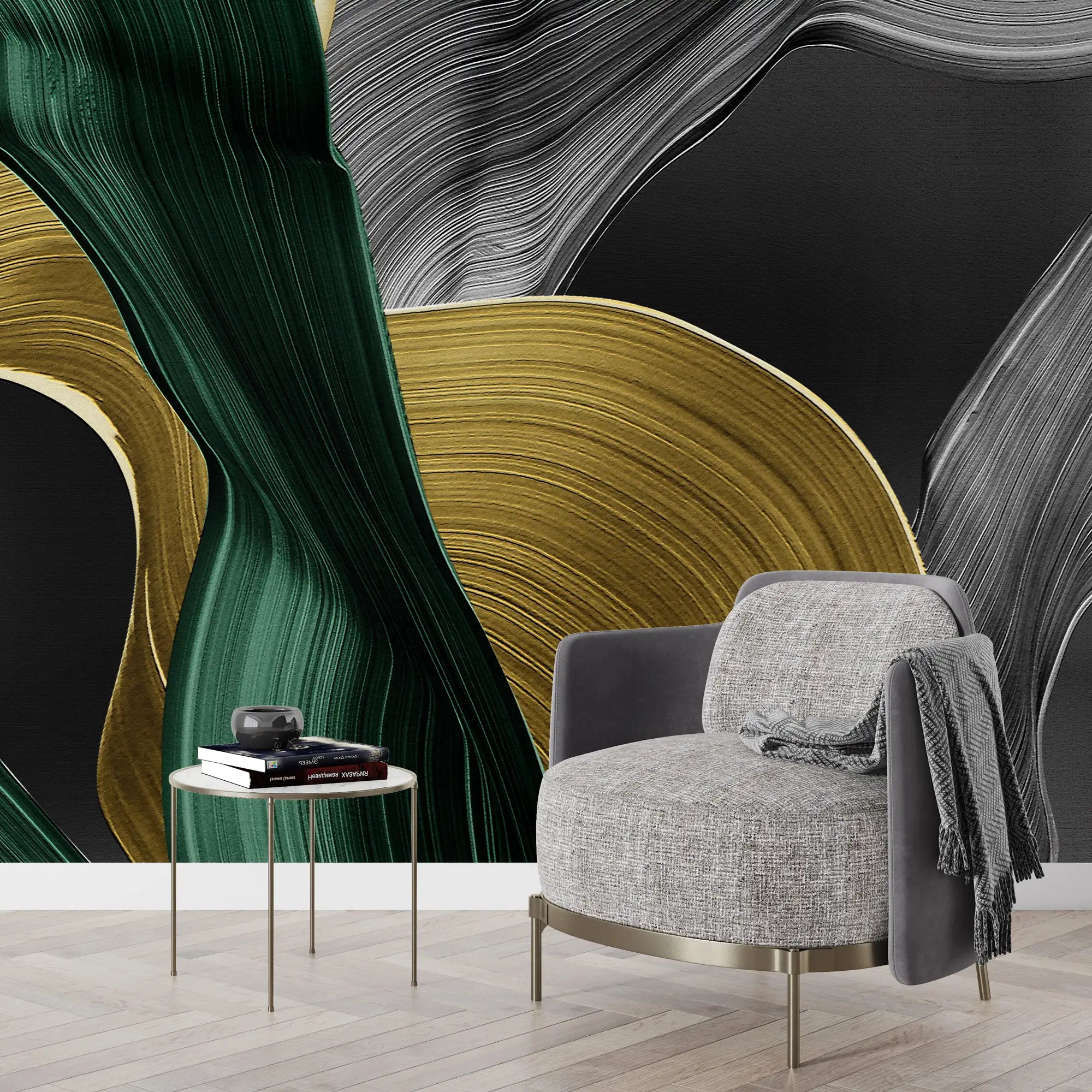 3161 / Bold Geometric Wallpaper with Dark Emerald, Silver and Gold - Abstract Layered Forms for Bedroom, Bathroom, Kitchen Wallpaper - Artevella