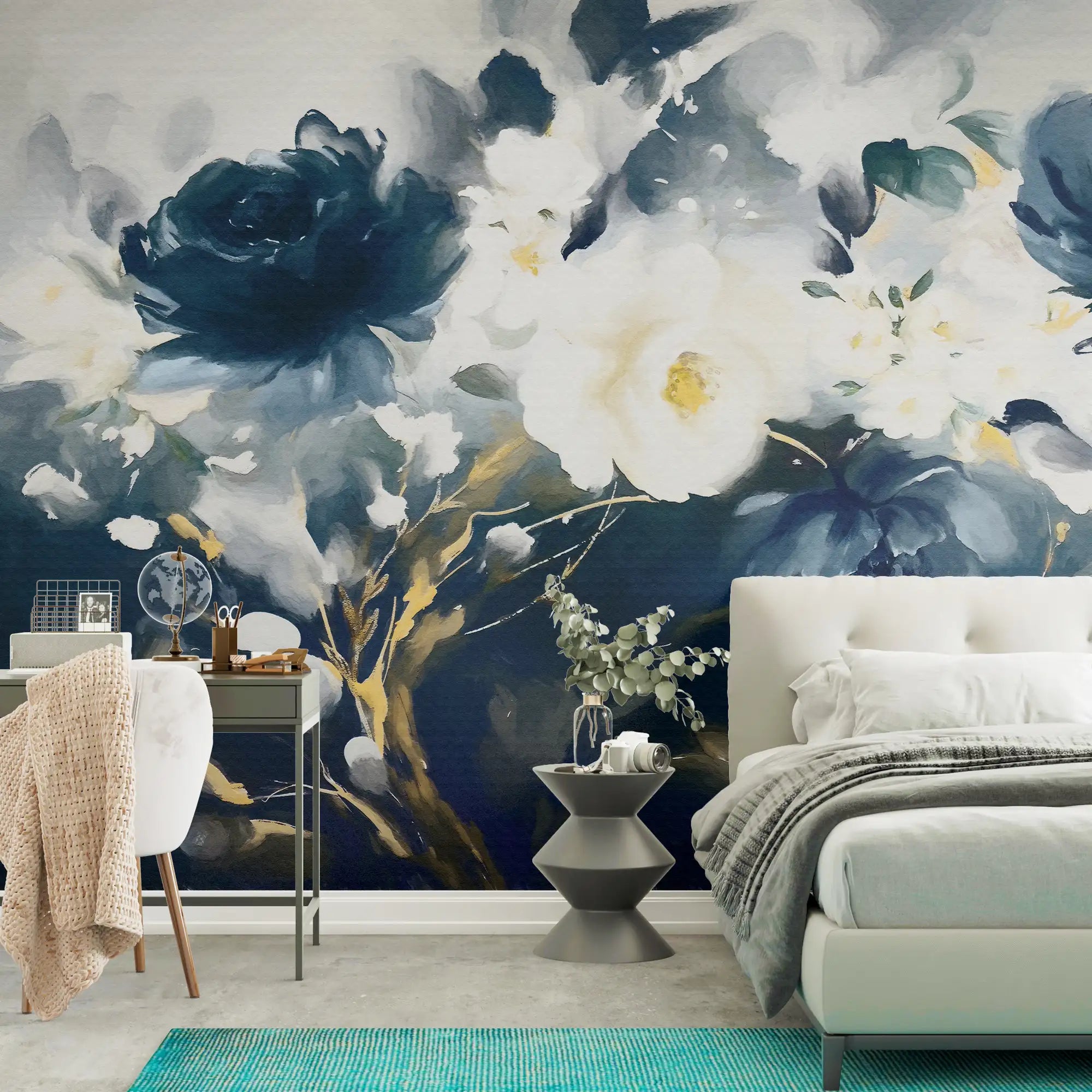 3163 / Peel and Stick Wallpaper: Mixed White & Black Flowers in Dark Indigo Style - Abstract Oil Painting, Modern Geometric Design, Easy Install - Artevella