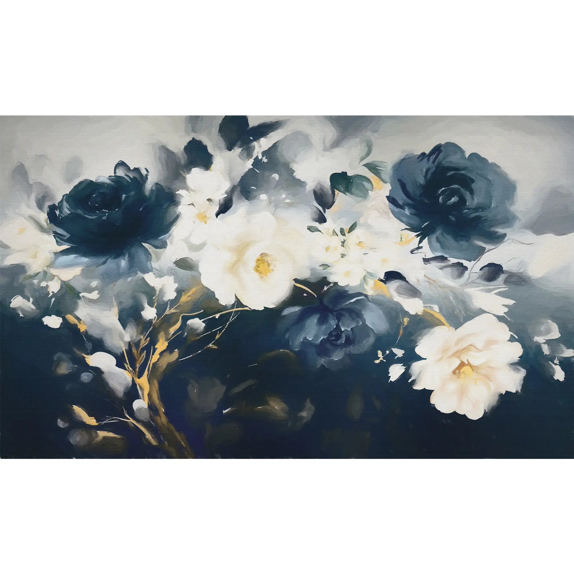 3163 / Peel and Stick Wallpaper: Mixed White & Black Flowers in Dark Indigo Style - Abstract Oil Painting, Modern Geometric Design, Easy Install - Artevella