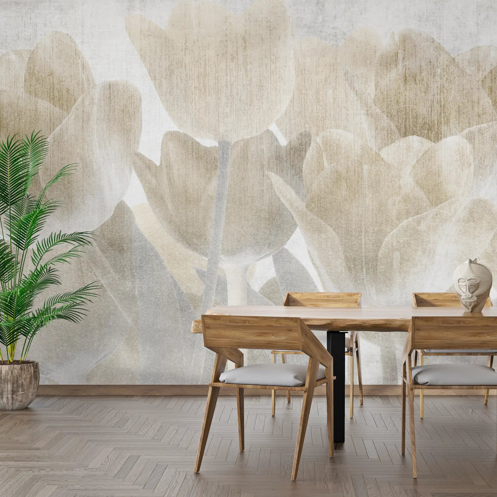 3164 / Contemporary Floral Wallpaper with Beige Tulips, Dark Background, Easy Install, Peel and Stick, Perfect for Accent Wall, Room Decor - Artevella