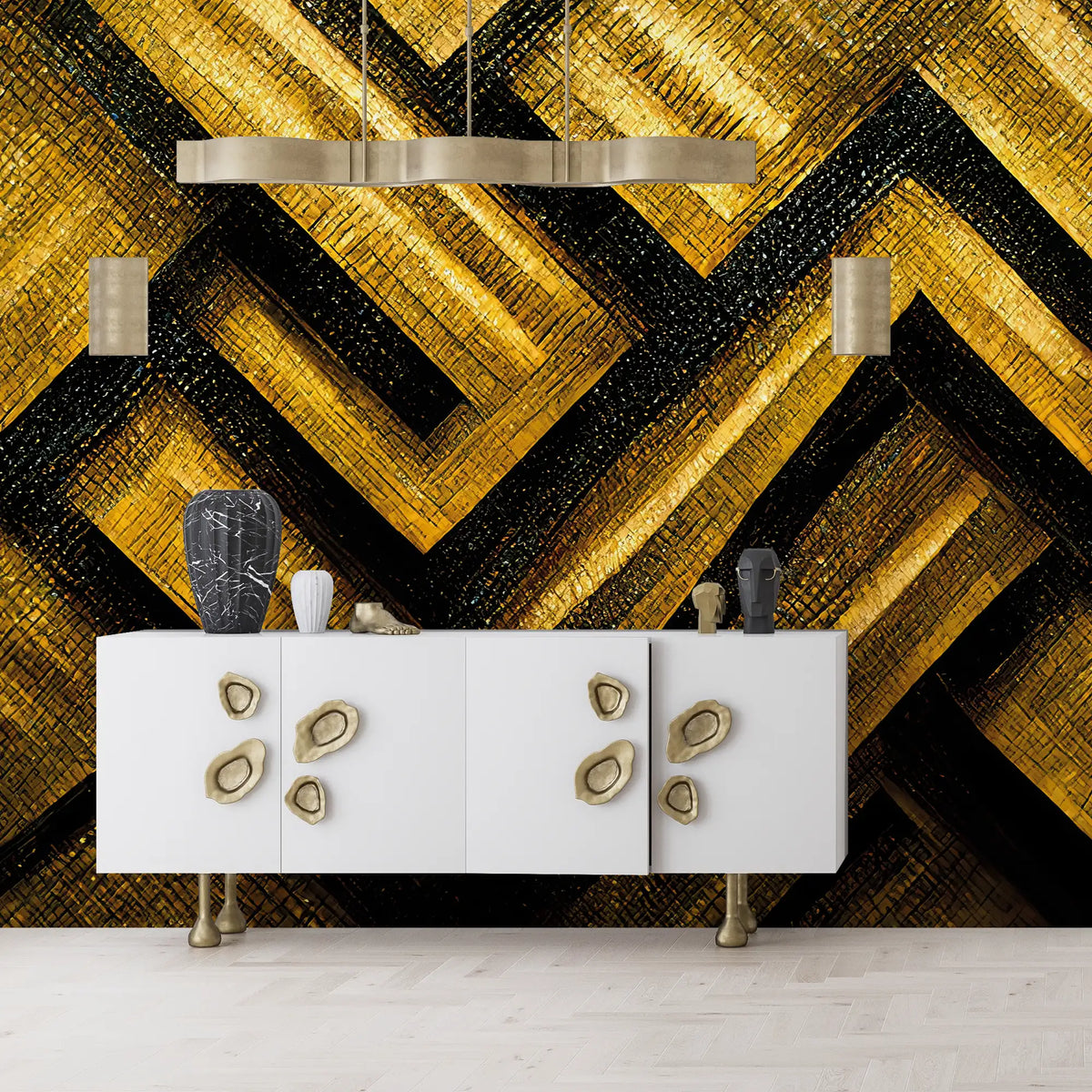 3166 / Bold Pattern Art Deco Wallpaper, Black and Gold Geometric Design, Easy Install Peel and Stick for Home or Office Decor - Artevella