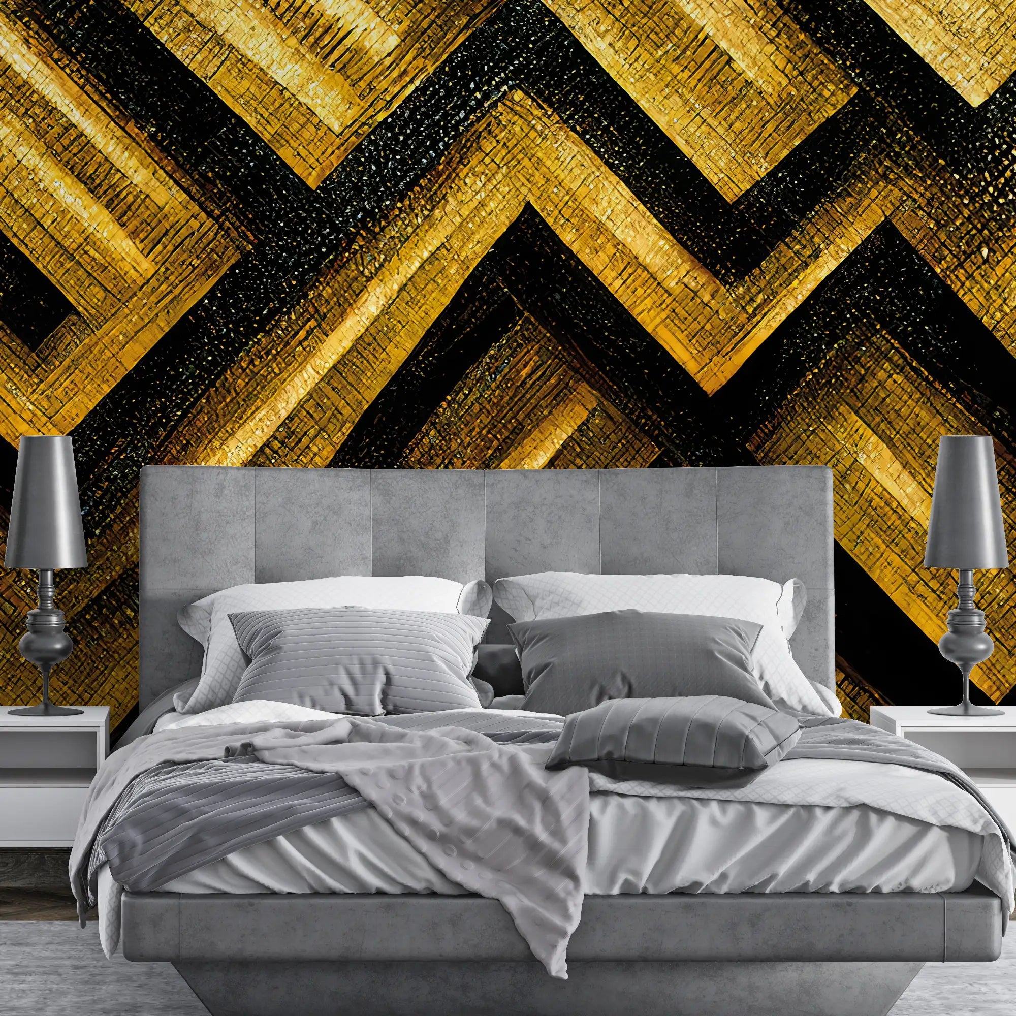 3166 / Bold Pattern Art Deco Wallpaper, Black and Gold Geometric Design, Easy Install Peel and Stick for Home or Office Decor - Artevella