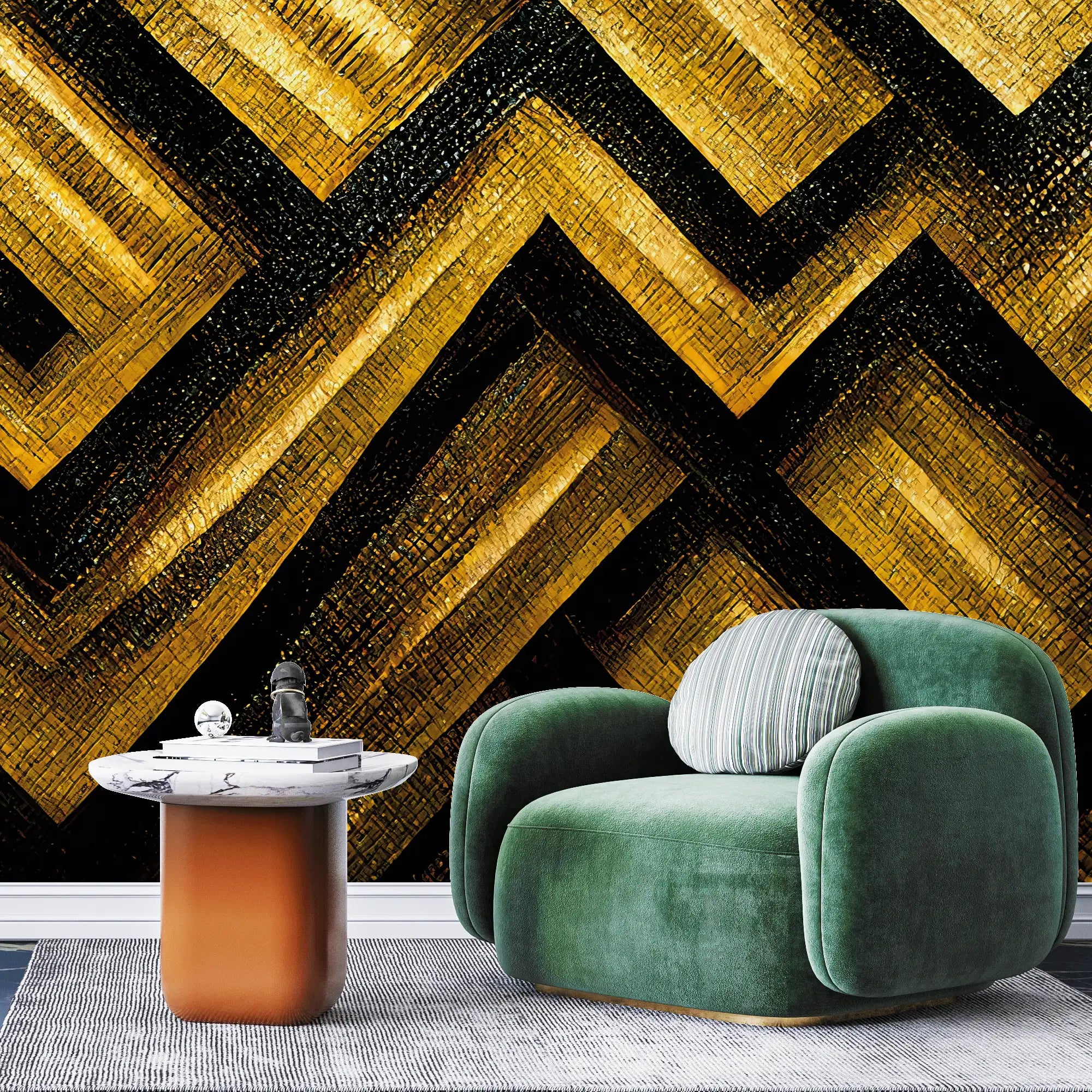 3166 / Bold Pattern Art Deco Wallpaper, Black and Gold Geometric Design, Easy Install Peel and Stick for Home or Office Decor - Artevella