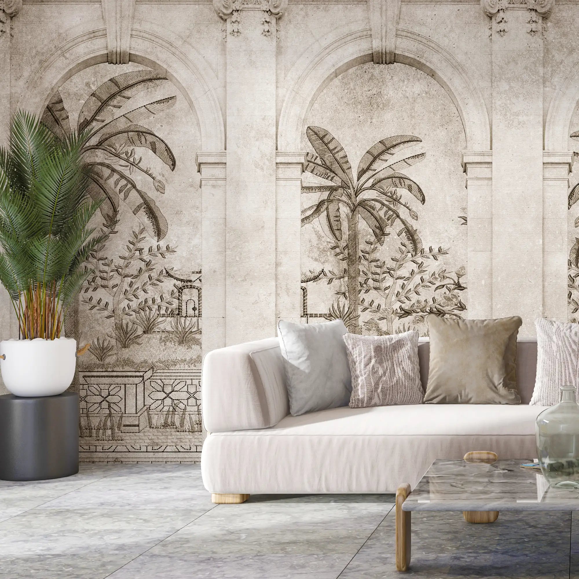 3169 / Palm Tree Marble Wallpaper - Islamic Architectural Pattern for Walls, Peel and Stick for a Majestic Home Decor Accent - Artevella