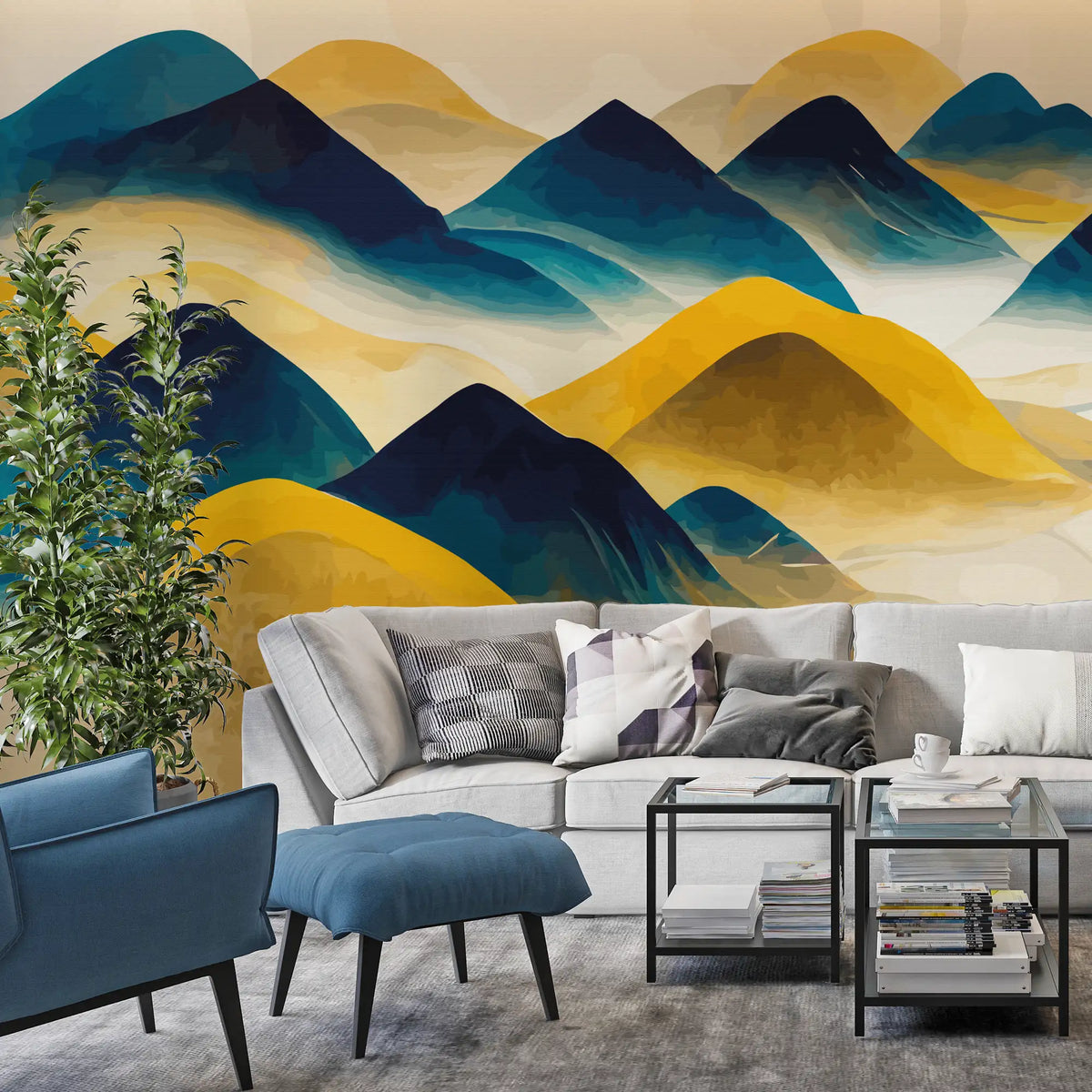 3172 / Abstract Mountain Scenery Wall Decor - Light Yellow & Dark Blue, Traditional Art, Geometric Removable Wallpaper, DIY Wall Mural - Artevella