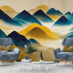 3172 / Abstract Mountain Scenery Wall Decor - Light Yellow & Dark Blue, Traditional Art, Geometric Removable Wallpaper, DIY Wall Mural - Artevella