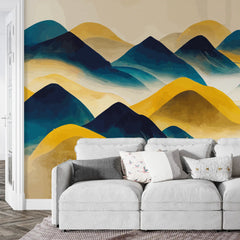 3172 / Abstract Mountain Scenery Wall Decor - Light Yellow & Dark Blue, Traditional Art, Geometric Removable Wallpaper, DIY Wall Mural - Artevella