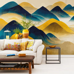 3172 / Abstract Mountain Scenery Wall Decor - Light Yellow & Dark Blue, Traditional Art, Geometric Removable Wallpaper, DIY Wall Mural - Artevella