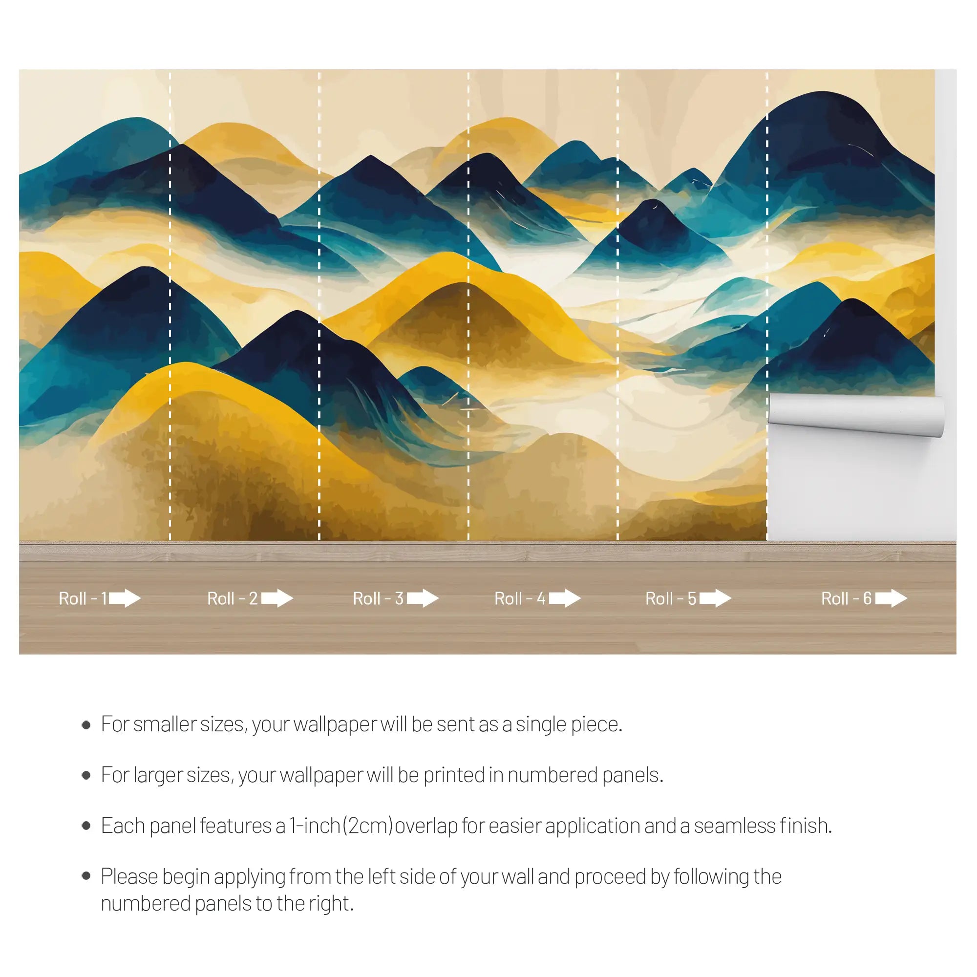 3172 / Abstract Mountain Scenery Wall Decor - Light Yellow & Dark Blue, Traditional Art, Geometric Removable Wallpaper, DIY Wall Mural - Artevella