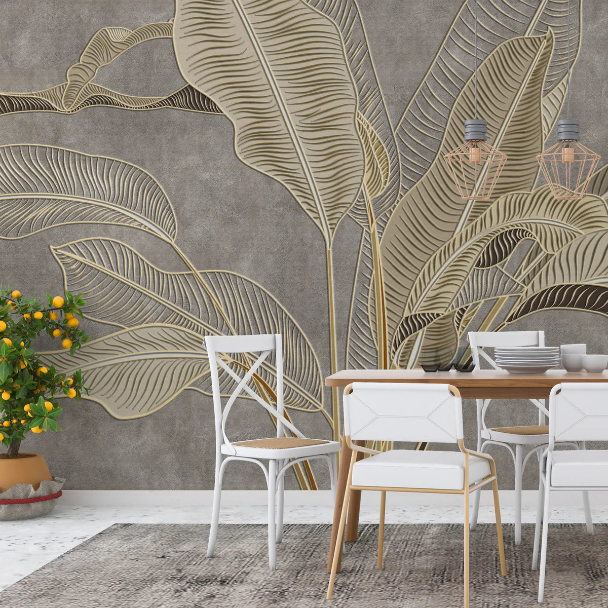 3173 / Tropical Wallpaper with Banana Leaf Design - Gold, Bronze, Beige Wall Mural for Kitchen and Bedroom - Artevella