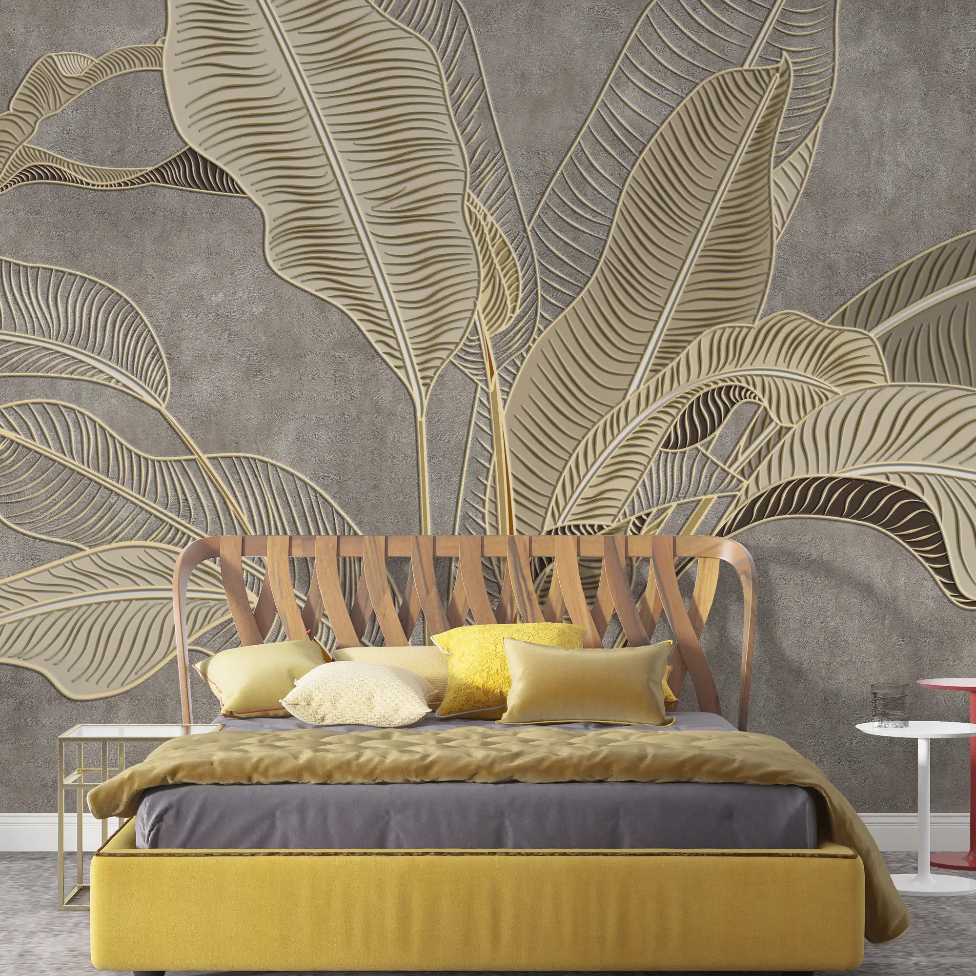 3173 / Tropical Wallpaper with Banana Leaf Design - Gold, Bronze, Beige Wall Mural for Kitchen and Bedroom - Artevella