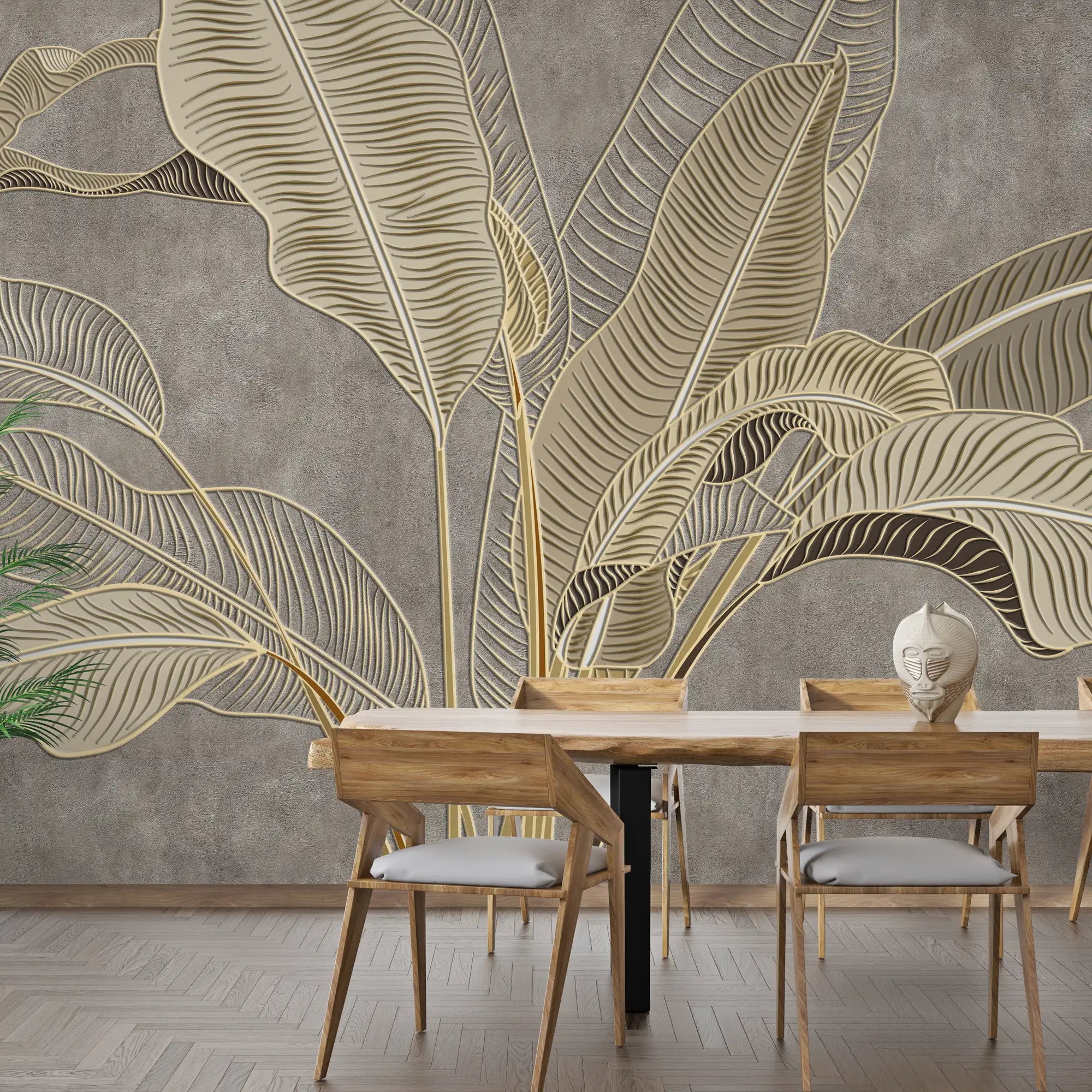 3173 / Tropical Wallpaper with Banana Leaf Design - Gold, Bronze, Beige Wall Mural for Kitchen and Bedroom - Artevella