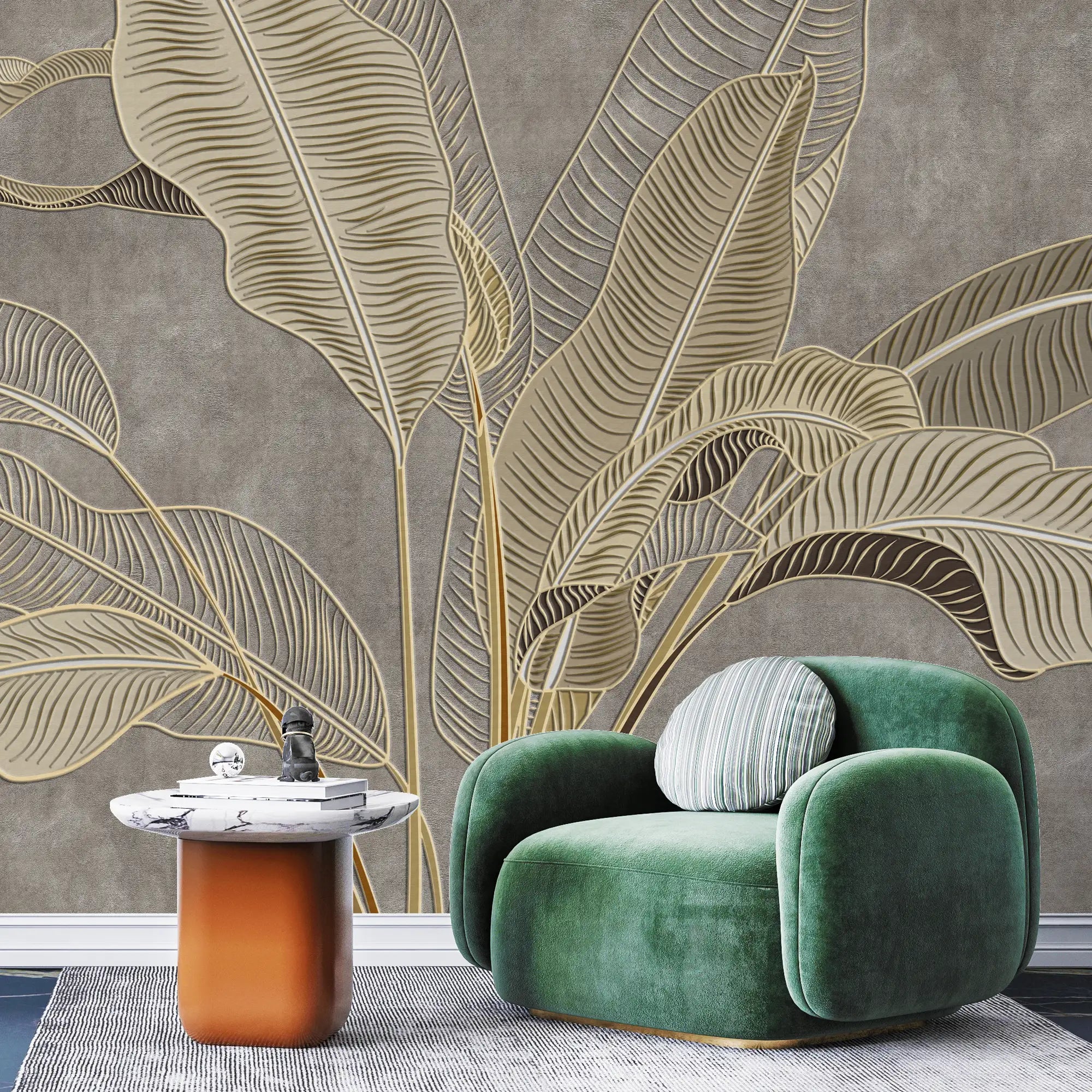 3173 / Tropical Wallpaper with Banana Leaf Design - Gold, Bronze, Beige Wall Mural for Kitchen and Bedroom - Artevella