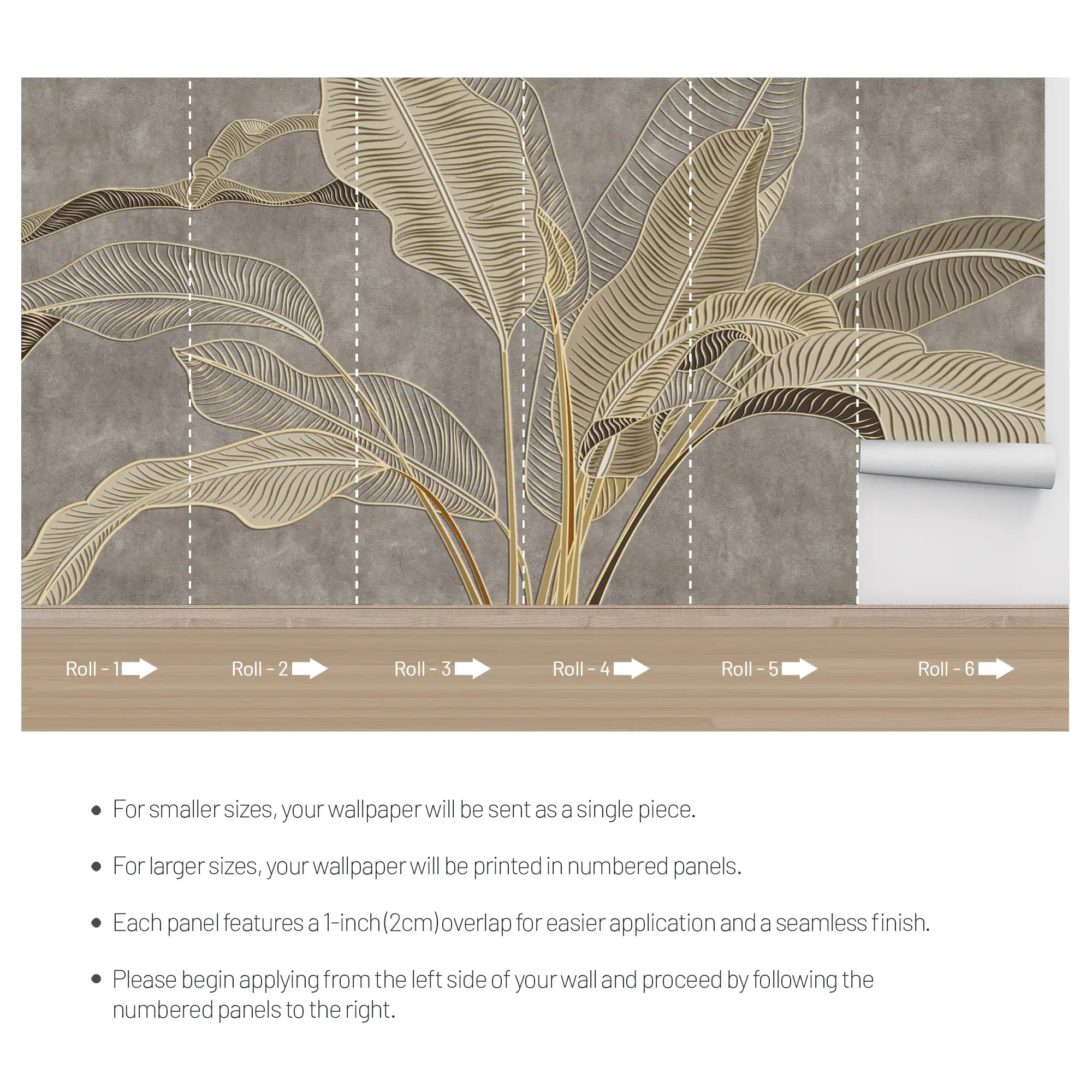 3173 / Tropical Wallpaper with Banana Leaf Design - Gold, Bronze, Beige Wall Mural for Kitchen and Bedroom - Artevella