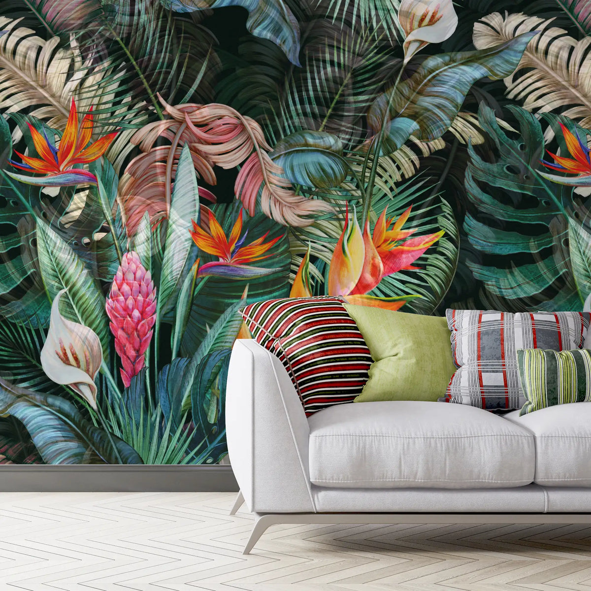 3176 / Floral Wall Mural with Butterflies - Modern Wallpaper, Geometric Tropical Pattern - Artevella