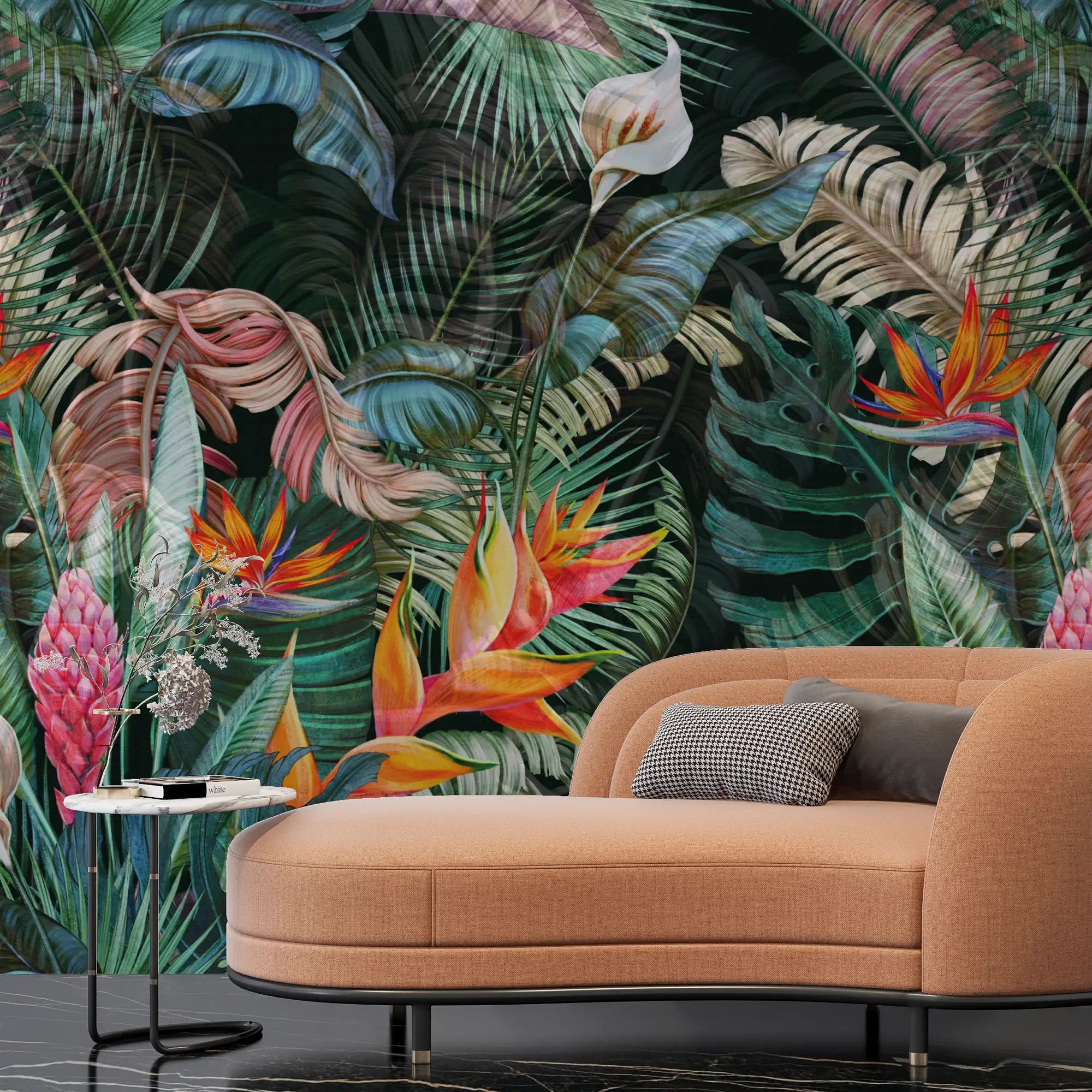 3176 / Floral Wall Mural with Butterflies - Modern Wallpaper, Geometric Tropical Pattern - Artevella