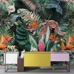 3176 / Floral Wall Mural with Butterflies - Modern Wallpaper, Geometric Tropical Pattern - Artevella